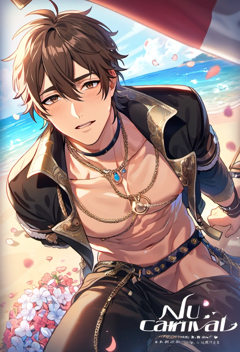 absurdres, highres, ultra detailed, HDR, master piece, best quality, Eiden, brown hair, expressive brown eyes, Nu Carnival, solo, sexy man, handsome, horny, lewd, black hat, fantasy black pirate clothes, accessories, showing the chest, beach, sea, petals, flowers