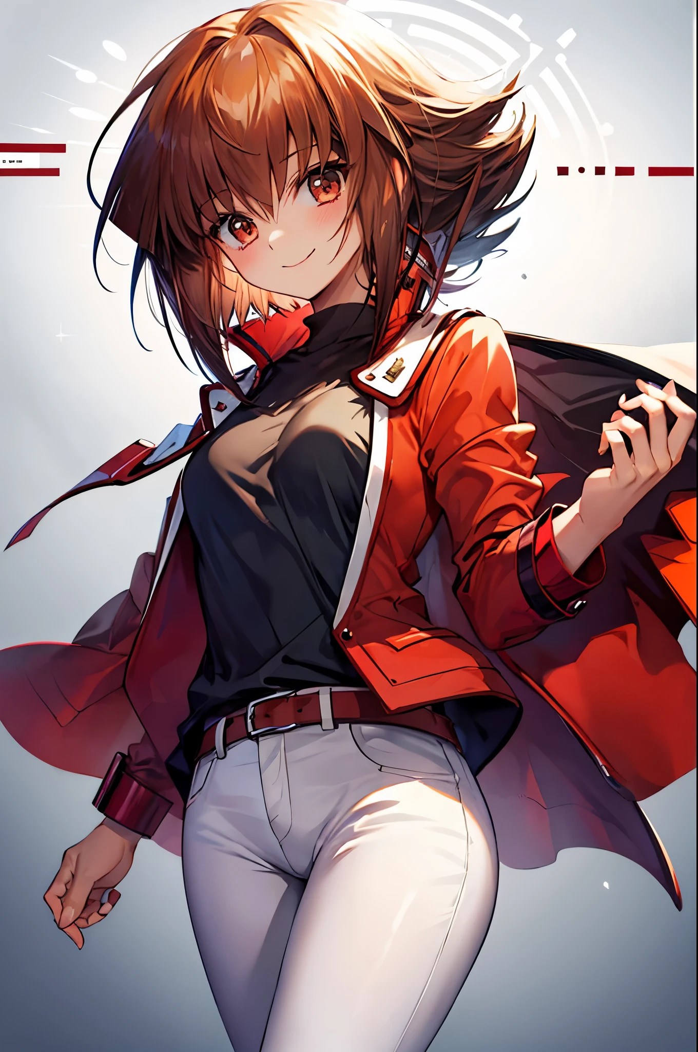 Yuuki Judai, 1girl,(female:1.5), Brown hair, Solo, Red jacket, Bangs, Black shirt, Open jacket, hair between eye, Long hair, Smile, White pants, red footwear,Duel Academy Uniforms (Yu-Gi-Oh! nffsw),
(Close Shot, Best Quality, hight resolution, 4K, Detailed Lighting, Shaders), 
Smile,
Looking at Viewer, Cowboy Shot,
