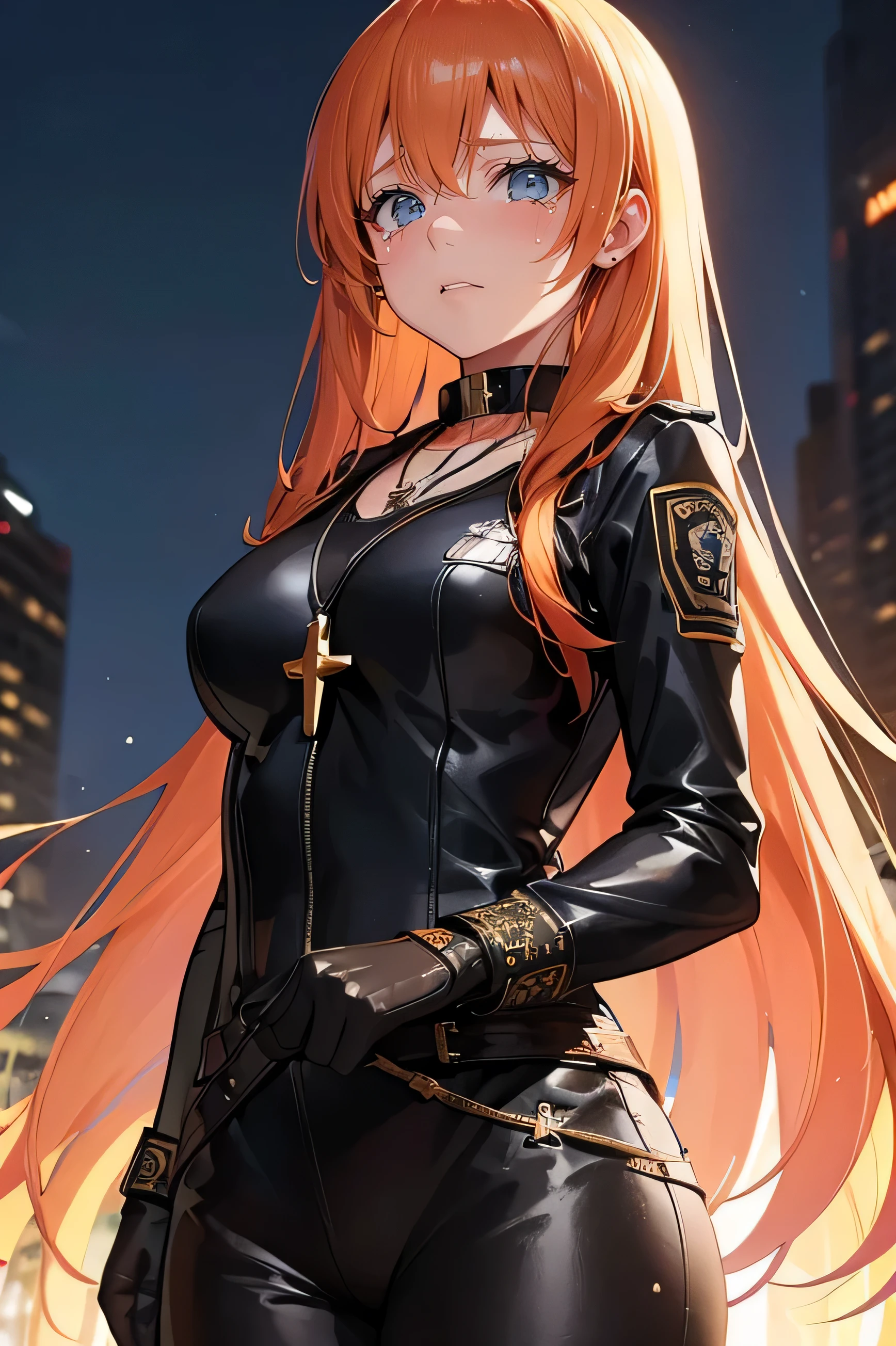 Ginger hair, long hair, straight bangs, police officer, police uniform, woman, illustrations, high-quality, ultra-detailed, realistic, vivid colors, portraits, warm tones, soft lighting. ((Necklace with a cross)). Woman. (police motorcycle) (Sad expression) (tears) (Posing as a model) ((Dynamic pose)) full body, Wearing leather gloves ((mirando al cielo))