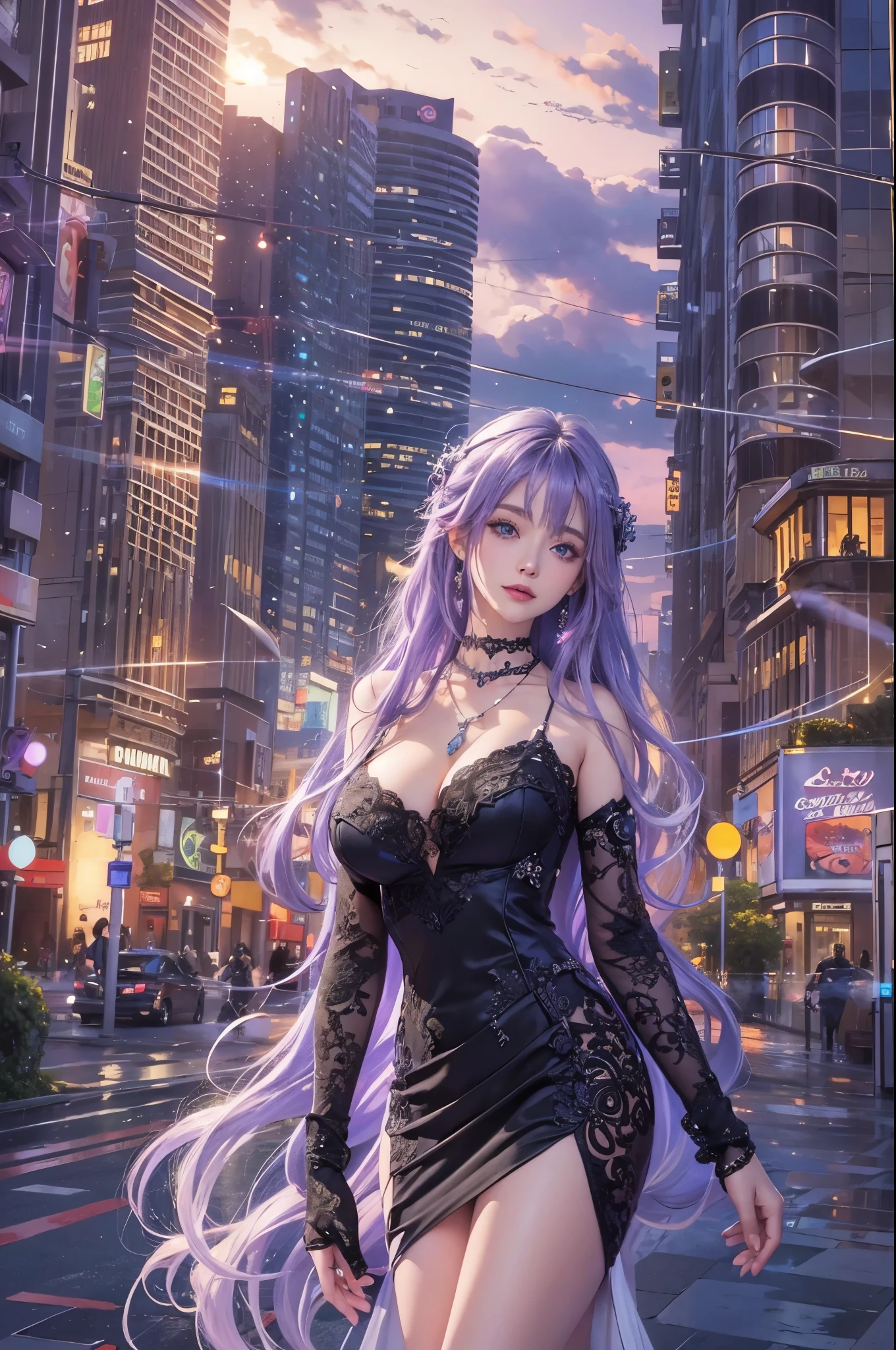 (Masterpiece), (Best quality), In winter, Sunset, Cityscape, (Huge_filesize), (Real), (Realistic), Girl, Long hair, Purple hair, Wavy hair, Makeup , Light smile, Blue eyes, Medium breasts, Wedding_dress, Bare_bshoulders, white thighhighs, Earrings, jewelry, Black choker , necklace, Turning around,