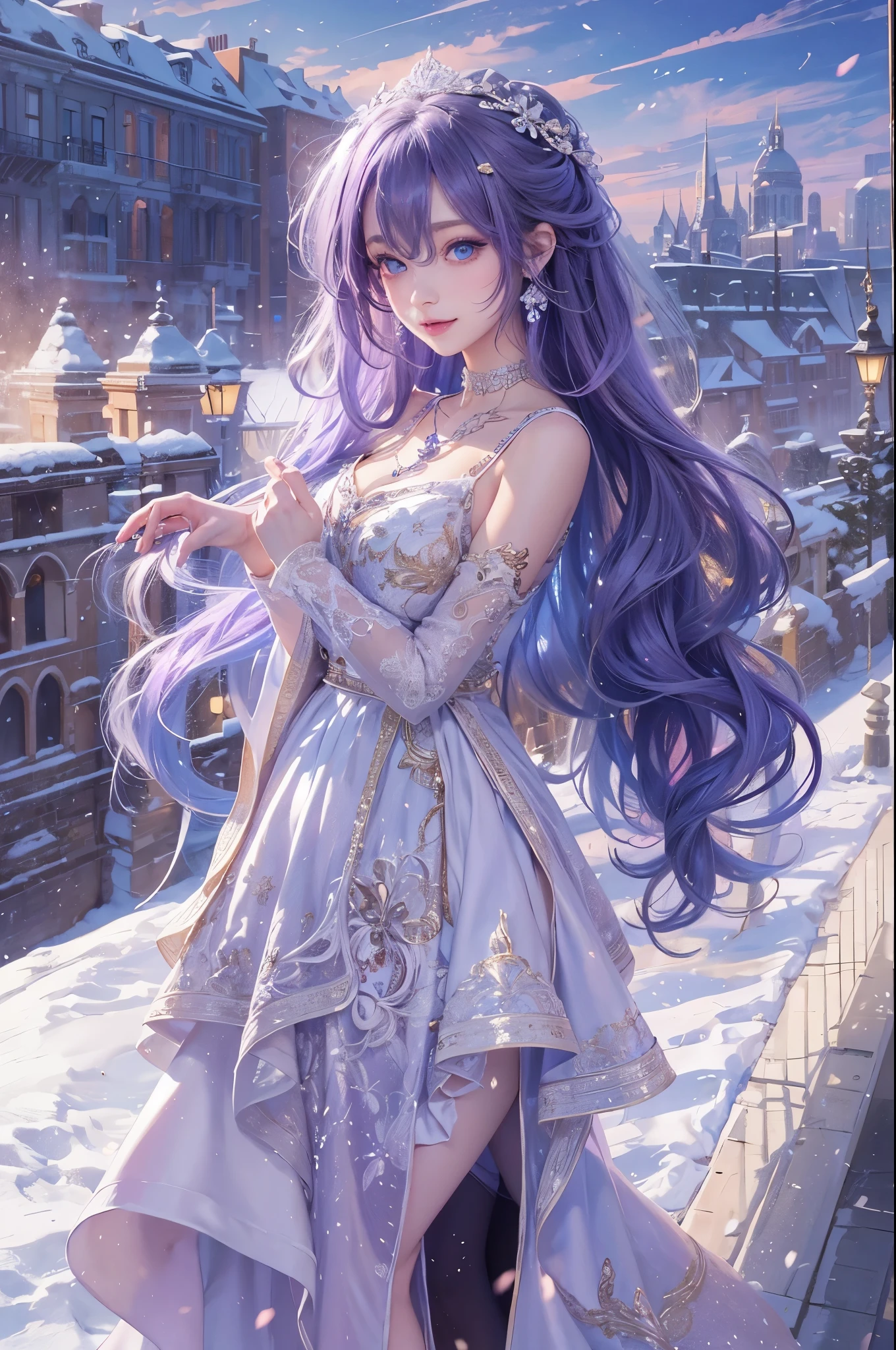 (Masterpiece), (Best quality), In winter, Sunset, Cityscape, (Huge_filesize), (Real), (Realistic), Girl, Long hair, Purple hair, Wavy hair, Makeup , Light smile, Blue eyes, Medium breasts, Wedding_dress, Bare_bshoulders, white thighhighs, Earrings, jewelry, Black choker , necklace, Turning around,