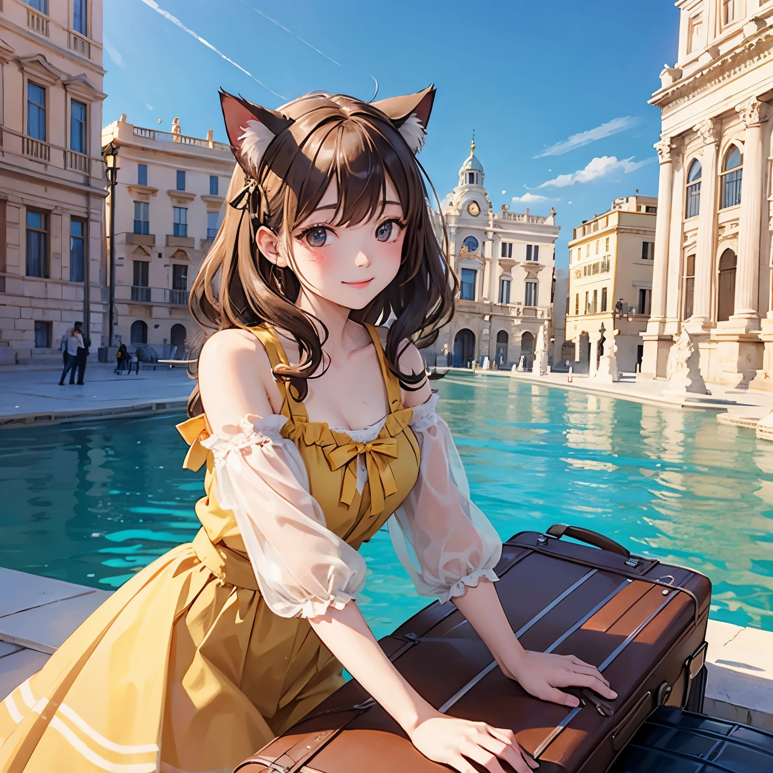 Cat with ochre ribbon、Beige hair、ocher eyes、Ocher clothes、smile、trip、suitcase、Trevi Fountain