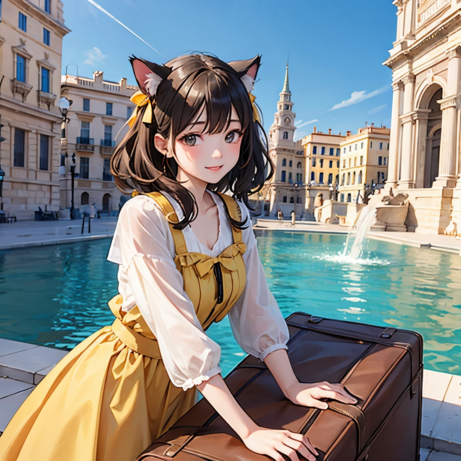 Cat with ochre ribbon、Hair ochre、ocher eyes、Ocher clothes、smile、trip、suitcase、Trevi Fountain