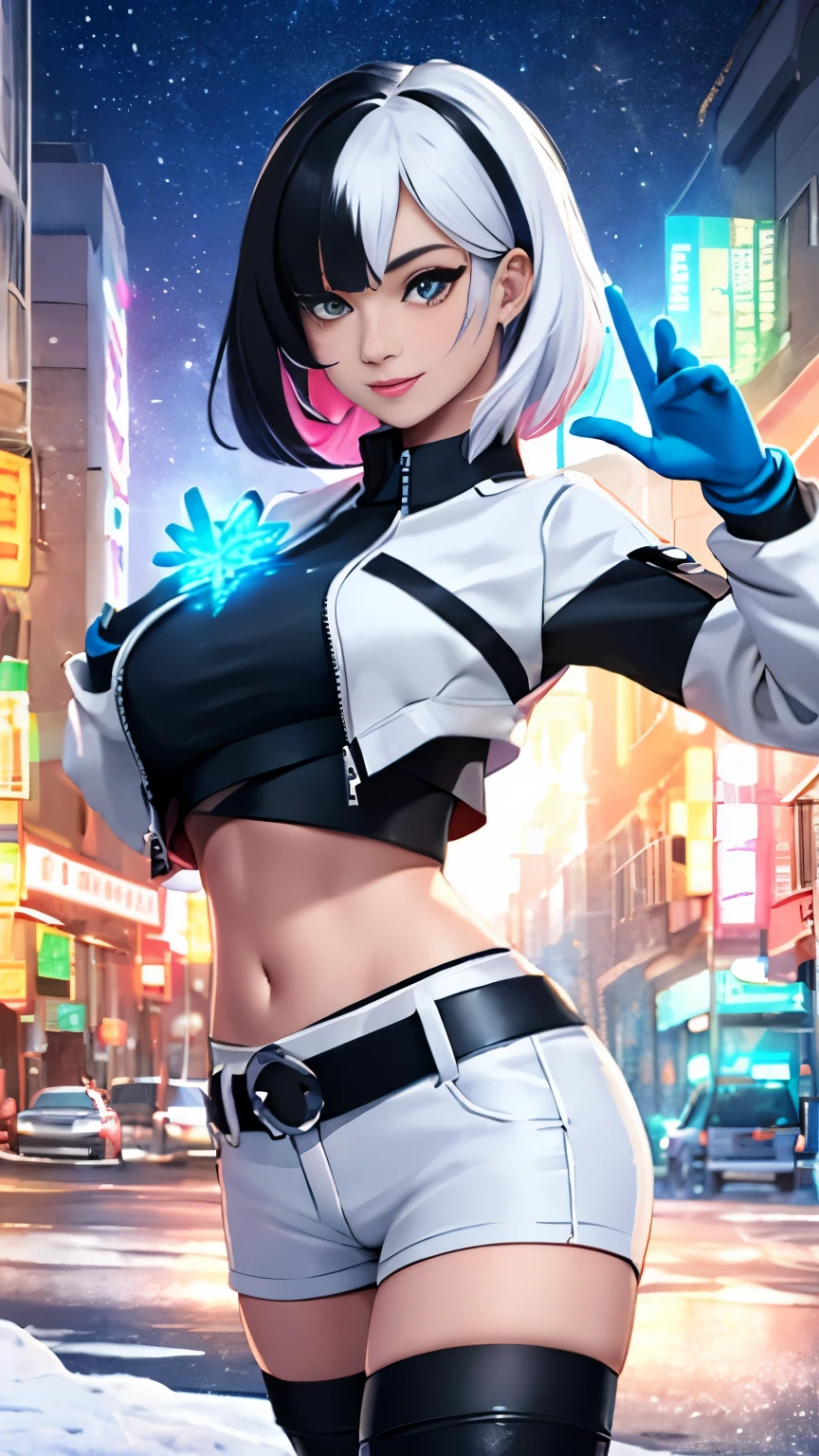 (Highly quality, masterpiece, detailed), night snowing city detailed scenario, night snowing city detailed background, 20 years old girl, solo, luna_snow, happy faces, black hair, white hair, multi-colored hair, short hair, blue eyes, white eyes, multicolored eyes, black Leather crop top jacket, white leather shorts, white midriff, blue midriff, multicolored midriff, black gloves, white gloves, multi colored gloves, show her ices powers ,navel, perfect face, beautiful eyes, looking at the viewer, Sexy pose
