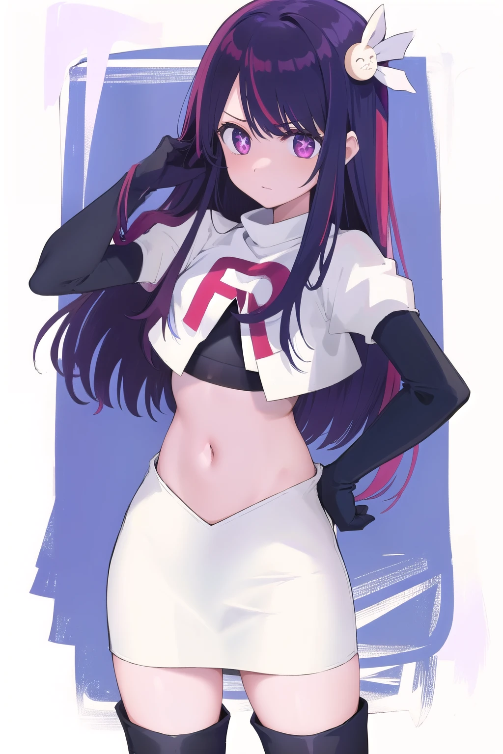 1girl, Hoshino Ai, long hair, purple hair, streaked hair ,purple eyes, star-shaped pupils, hair ornament, team rocket,team rocket uniform,white skirt,red letter R,crop top,black thigh-highs,black elbow gloves