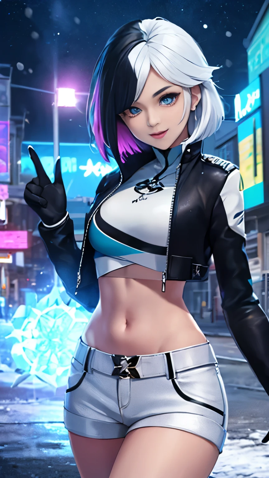 (Highly quality, masterpiece, detailed), night snowing city detailed scenario, night snowing city detailed background, 20 years old girl, solo, luna_snow, happy faces, black hair, white hair, multi-colored hair, short hair, blue eyes, white eyes, multicolored eyes, black Leather crop top jacket, white leather shorts, white midriff, blue midriff, multicolored midriff, black gloves, white gloves, multi colored gloves, show her ices powers ,navel, perfect face, beautiful eyes, looking at the viewer, Sexy pose