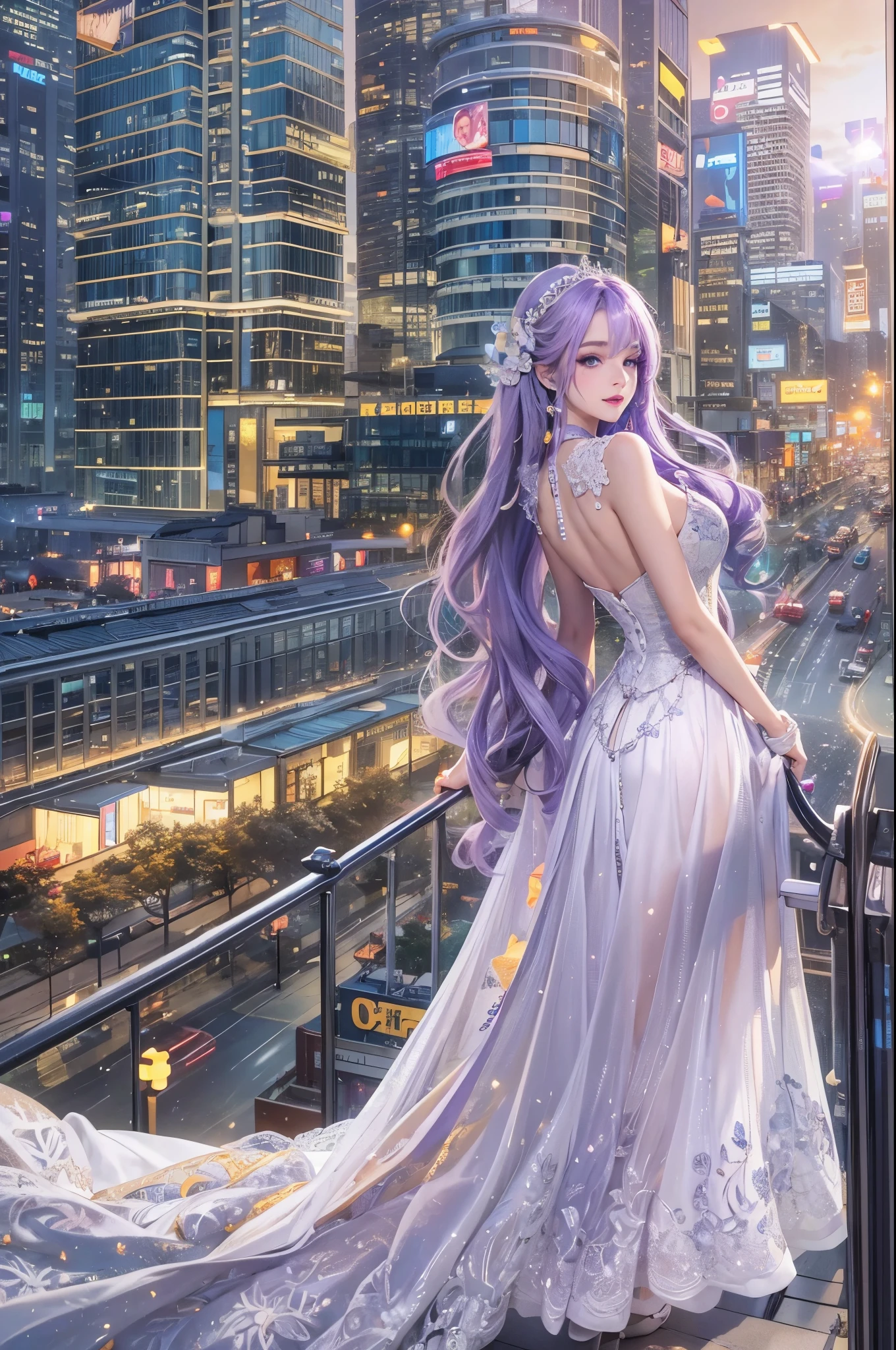 (Masterpiece), (Best quality), In winter, Sunset, Cityscape, (Huge_filesize), (Real), (Realistic), Girl, Long hair, Purple hair, Wavy hair, Makeup , Light smile, Blue eyes, Medium breasts, Wedding_dress, Bare_bshoulders, white thighhighs, Earrings, jewelry, Black choker , necklace, Turning around,