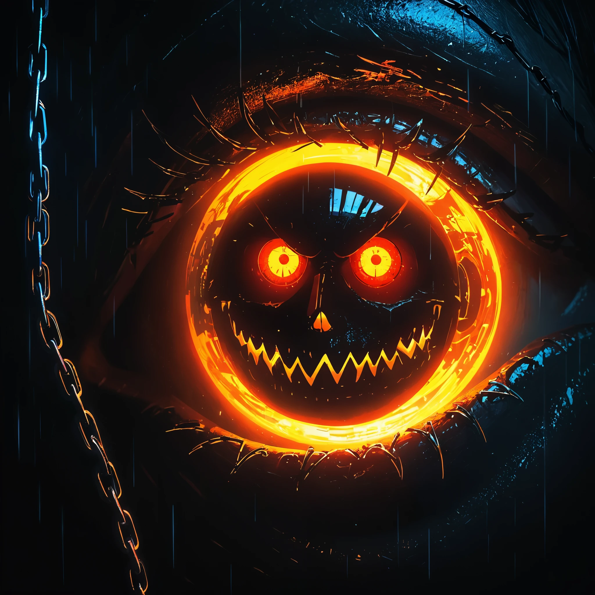 [[Portrait of a mysterious giant eye]], indoor, Fluorescent illumination, (((Darkness shrouded,black background,shadow, extreme darkness,Dark atmosphere))), Wall background, (Fluorescent RED Skull pattern graffiti), 1girl, Oversized black T-shirt, big Breast, Waistless T-shirt, orange fluorescent hair, Fluorescent orange eyes, long hair, Messy hair, Low rise denim shorts, orange eye shadow, （Vanishing point, Vines Covered Foreground）, Grin, Open your mouth, evil smiley, trigger finger, Shark Teeth, Dark and Edgy, Surrealist elements, expressive brushstrokes, dynamic composition, extreme detail description, chain, barbed wire, wooden stake, （red moonlight）, heavy rain, silhouette, cowboy shot, Depth of Field, Cubist Futurism, cinematic lighting, motion blur, optical illusion, UHD, retina, masterpiece, ccurate, high details, high quality, best quality