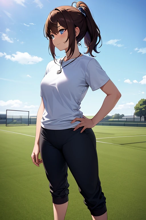 [((masterpiece)), ((HD)), ((high res)), ((full body portrait)), ((waist-up)), ((front view)), ((detailed shading)), ((soft textures)), ((intricate details)), ((anime girl)), ((cinematic)), {attractive; ((athletic 36 year old woman)), (brown hair), (short ponytail), (cute blue eyes), ((athletic body)), (curvy hips), (beautiful legs), (cute grin)}, {(white T-shirt), (Black gym sweat pants), (whistle necklace), (black tennis shoes)}, {(standing), (hands on hips), (looking ahead), (looking at viewer)}, [background; (grass plains), (school soccer field), (blue sky), (clouds in sky), (ambient lighting)]
