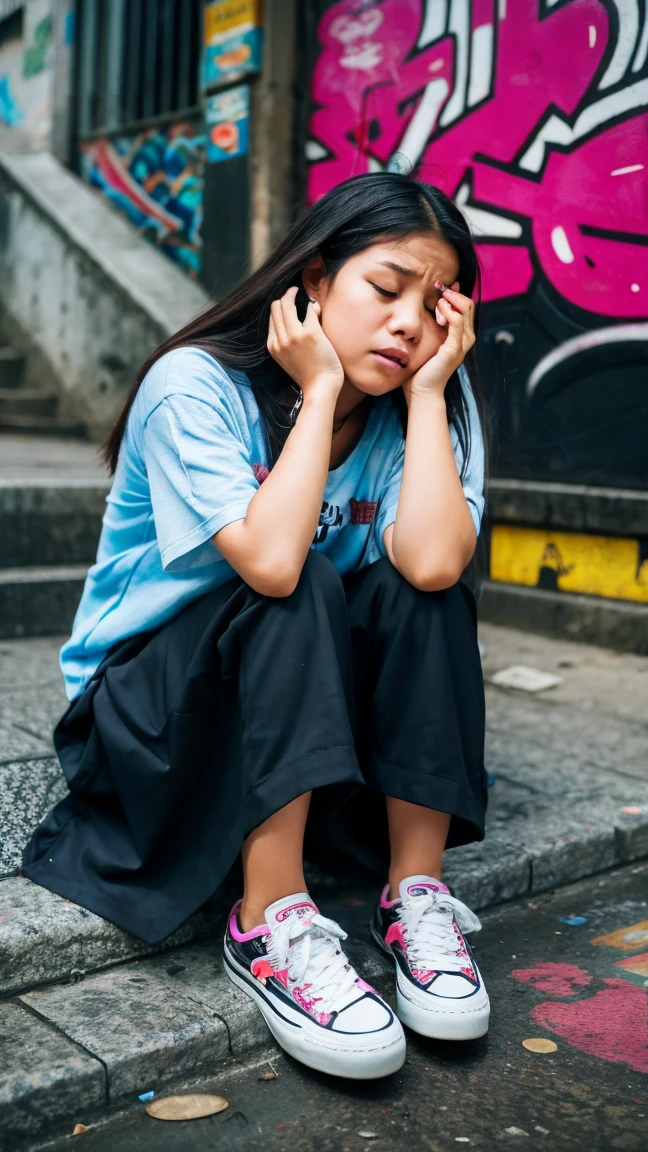 an Indonesian girl, wearing a indonesian high , sitting on the sidewalk against a wall full of graffiti, facial expression as if thinking about something. mouth biting her lower lip while closing her eyes. and both hands are squeezed by both feet. the atmosphere was dark cloudy like it was going to rain. neonpunk, side angle view