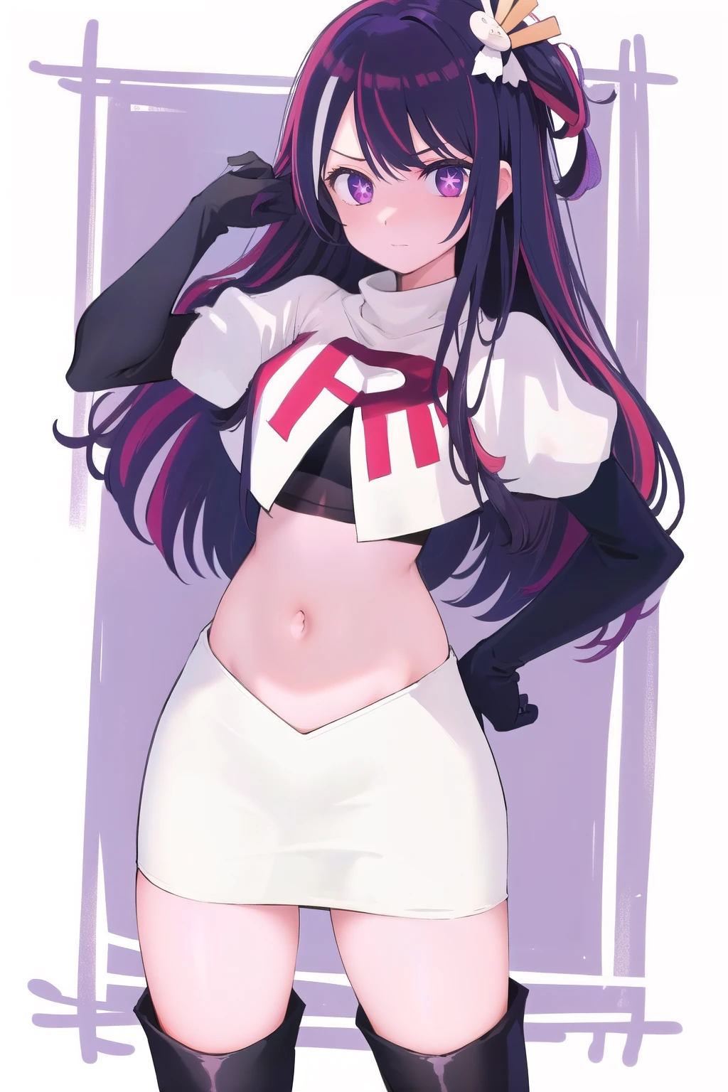 1girl, Hoshino Ai, long hair, purple hair, streaked hair ,purple eyes, star-shaped pupils, hair ornament, team rocket,team rocket uniform,white skirt,red letter R,crop top,black thigh-highs,black elbow gloves