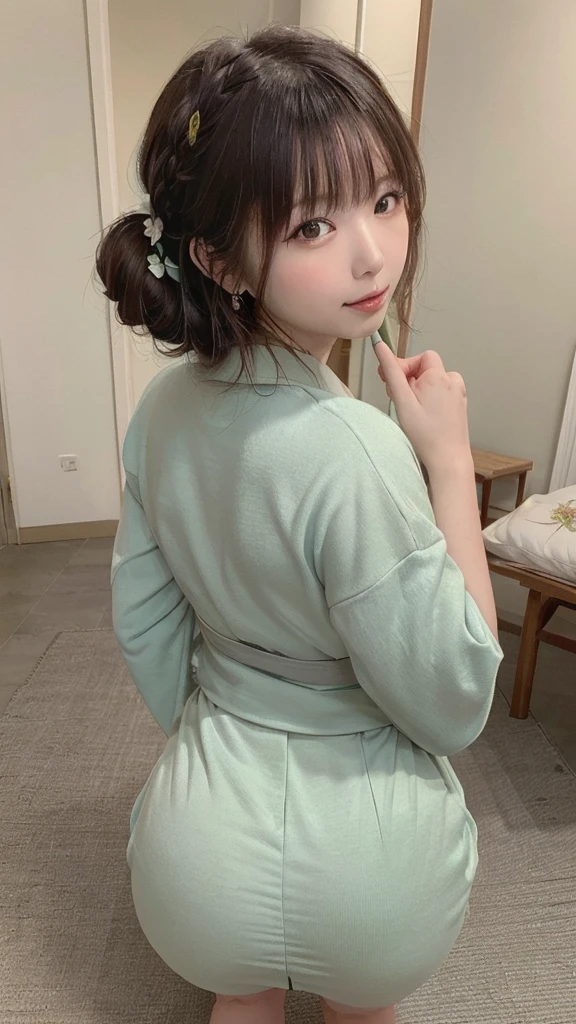 (Beautiful model plays prostitute in Japanese historical drama:1.3, Date Hyogo hairstyle:1.6, Flower Cuifen:1.4), (alone), ((Face 80% Beauty and elegance, 20% Beautiful and cute):1.5), (Her roots are in Eastern Europe and Asia), Clear Eyes, (Fine grain, Light green eyes, Bright pupils), double eyelid, (Slightly thick, sexy lips:1.2), Highly detailed and incredibly high resolution Florentine kimono, Highly detailed facial textures, impressive body shape, Curvaceous and very attractive woman, The colours of the floral patterned kimono are very colourful..., original, And gorgeous, High resolution RAW color photo Professional photo, break (Let me&#39;Vibrant matcha greenをふんだんに使った花柄のカラフルな着物を試着してみましょう..), (Main color: Gentle White, Vibrant matcha green、Beautifully tailored traditional Japanese courtesan style kimono.。), ((柄はVibrant matcha greenのマーブル模様です..., Deep matcha green, White mixed in, Like matcha au lait)), (A black floral obi that goes well with a floral kimono), ((明るい抹茶グリーンとDeep matcha greenと白の大理石模様の花魁着物)), (Japanese-style background | speaking) break ((highest quality, 8K)), Sharp focus: 1.2, (Layered Cut, big: 1.2), (Perfect portrait: 1.4 ), (Beautiful shape and large: 1.3), Narrow waist, (Correct hand shape: 1.5), (full body shot | Cowboy Shot | Rear view)