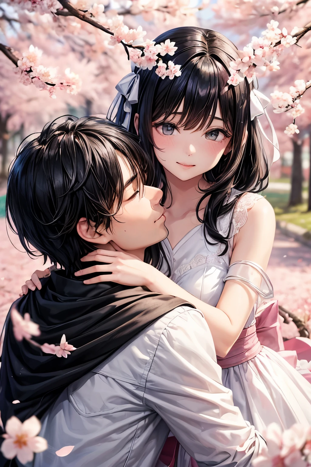 A guy kisses a girl with black hair in a white dress under a sakura tree, sakura petals are falling