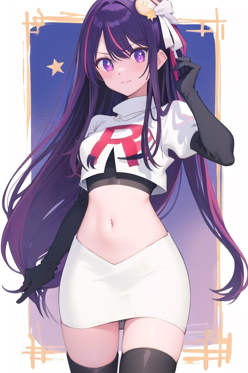 1girl, Hoshino Ai, long hair, purple hair, streaked hair ,purple eyes, star-shaped pupils, hair ornament, team rocket,team rocket uniform,white skirt,red letter R,crop top,black thigh-highs,black elbow gloves