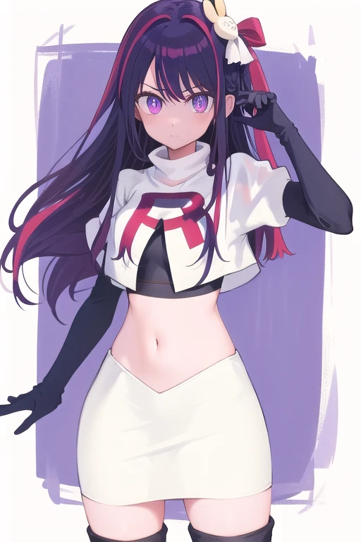 1girl, Hoshino Ai, long hair, purple hair, streaked hair ,purple eyes, star-shaped pupils, hair ornament, team rocket,team rocket uniform,white skirt,red letter R,crop top,black thigh-highs,black elbow gloves