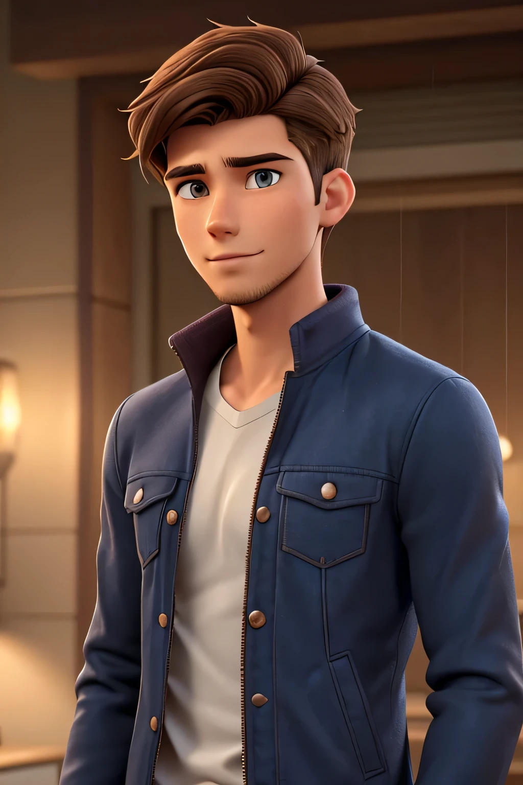 Ethan Williams, a young man of 19 years old, with medium-length brown hair, brown eyes, angular jaw, short stubble beard, lean body, cute and handsome, mature look, serious subtle smirk on face, wearing a jacket, close up shot in the rain. 3d cartoon