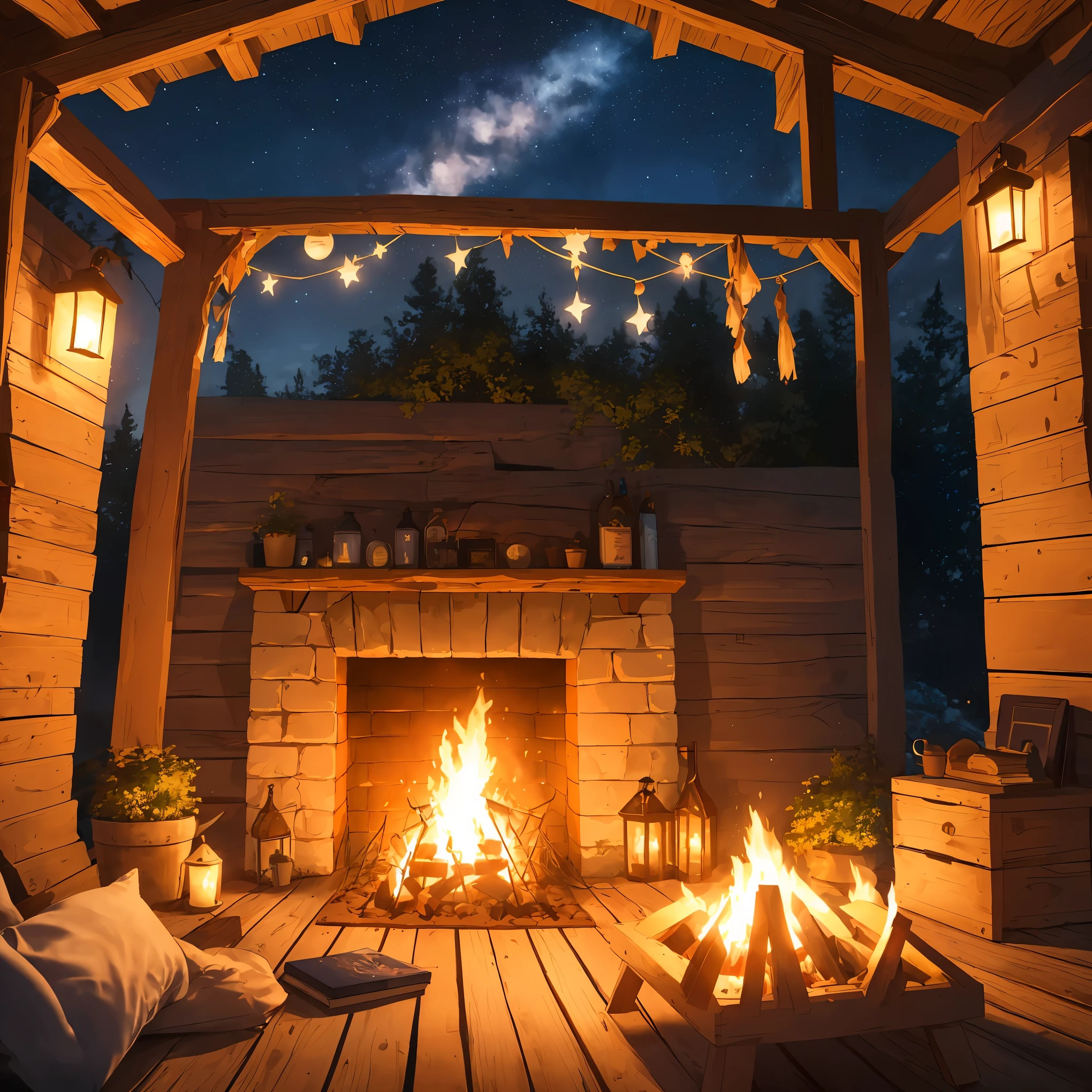 (best quality,4k,8k,highres,masterpiece:1.2),ultra-detailed,realistic,photorealistic:1.37,warm campfire night scene,crackling wood fire,people gathered around,cozy atmosphere,sparkling firelight,night sky full of stars,portraits,painting,horror,realistic colors,warm lighting,stars shining,peaceful ambiance,vivid colors