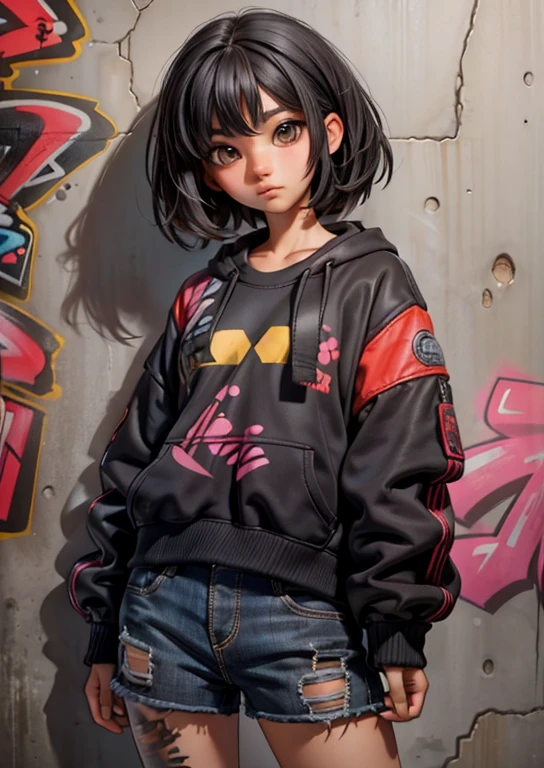 12 year old girl straight black hair with urban clothes and teenage body, It is leaning against a wall with graffiti.