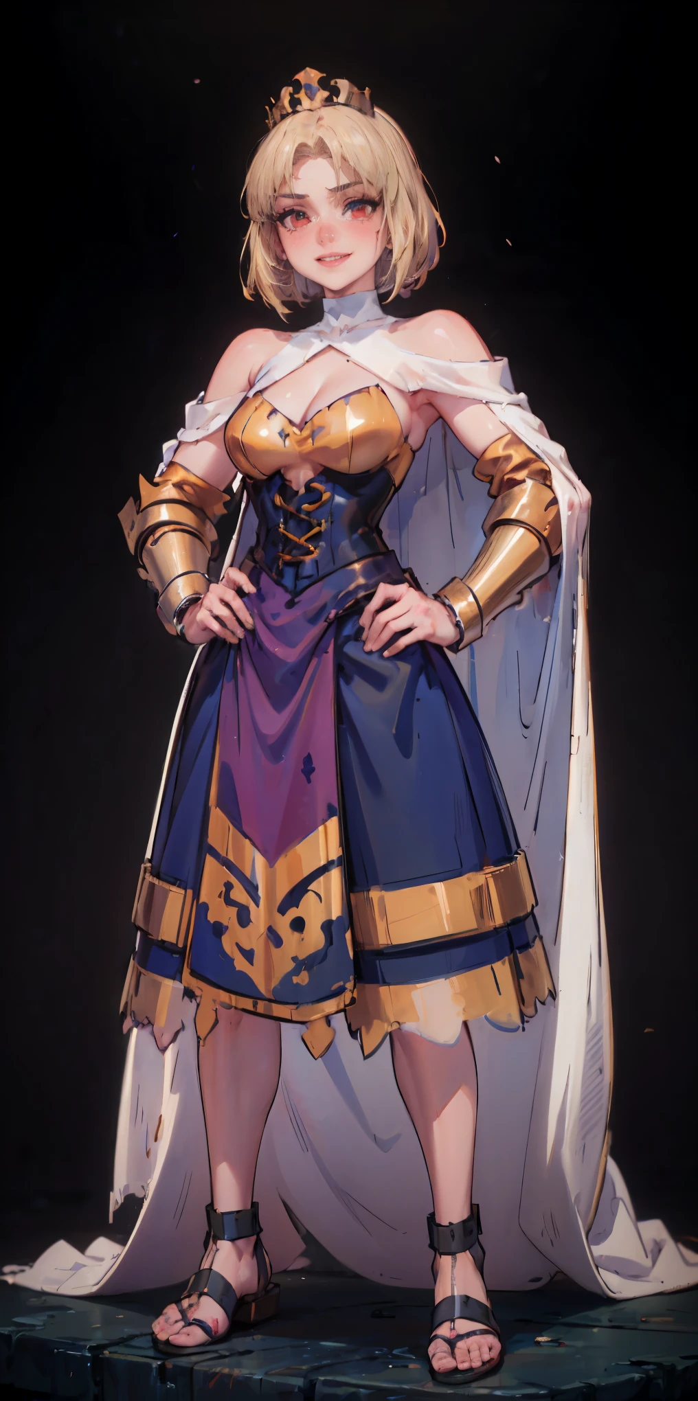 ((BLACK BACKGROUND,1:2, masterpiece)), full body MILF BIMBO standing with two long thighs and two metal sandals, red eyes, silver white hair, short bob style hair, big breasts, cleavage, separate sleeves, tiara royal, long cape up to two feet, yellow bikini, hands on waist, navel, lustful smirking smiling, smile face (red blushed, red cheeks), metal shoulders, gold sleeveless armbands, black leather choker slave collar, shackle bracelets, sex slave red crest, pauldrons, breastplate, corset, eye focus, full body, whole body. 1solo . slave fighter, loincloth standing, hands on hips, metal sandals, backpack, choker, big belt, view from below, feet together, bracers, tiara)