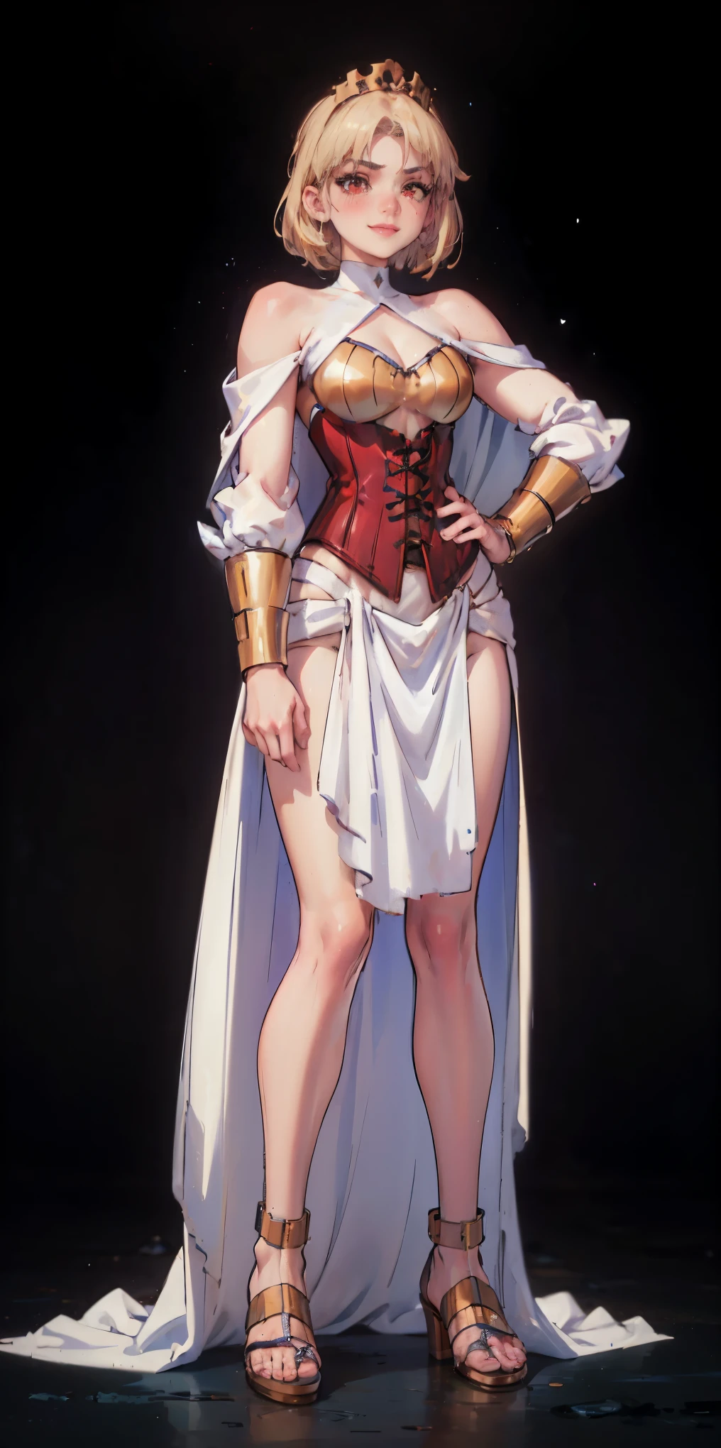 ((BLACK BACKGROUND,1:2, masterpiece)), full body MILF BIMBO standing with two long thighs and two metal sandals, red eyes, silver white hair, short bob style hair, big breasts, cleavage, separate sleeves, tiara royal, long cape up to two feet, yellow bikini, hands on waist, navel, lustful smirking smiling, smile face (red blushed, red cheeks), metal shoulders, gold sleeveless armbands, black leather choker slave collar, shackle bracelets, sex slave red crest, pauldrons, breastplate, corset, eye focus, full body, whole body. 1solo . slave fighter, loincloth standing, hands on hips, metal sandals, backpack, choker, big belt, view from below, feet together, bracers, tiara)
