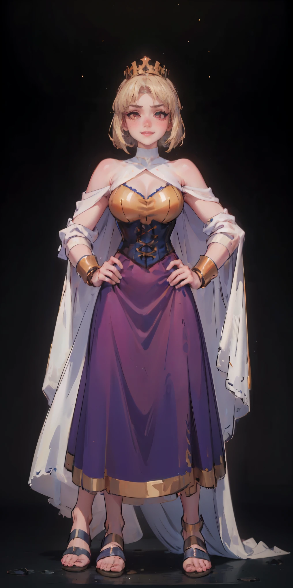 ((BLACK BACKGROUND,1:2, masterpiece)), full body MILF BIMBO standing with two long thighs and two metal sandals, red eyes, silver white hair, short bob style hair, big breasts, cleavage, separate sleeves, tiara royal, long cape up to two feet, yellow bikini, hands on waist, navel, lustful smirking smiling, smile face (red blushed, red cheeks), metal shoulders, gold sleeveless armbands, black leather choker slave collar, shackle bracelets, sex slave red crest, pauldrons, breastplate, corset, eye focus, full body, whole body. 1solo . slave fighter, loincloth standing, hands on hips, metal sandals, backpack, choker, big belt, view from below, feet together, bracers, tiara)