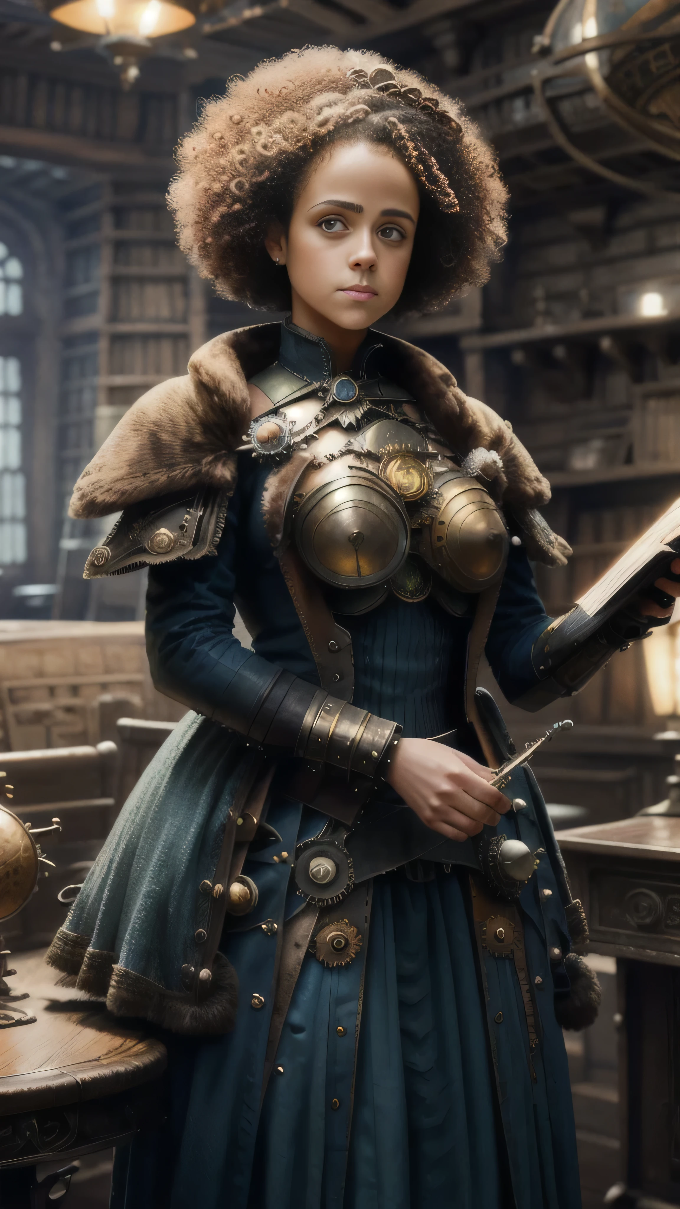 steampunkai, Nathalie Emmanuel as Missandei, light blue secretary steampunk dress, holding notebook, standing in the steampunk office, (1woman), (solo), full body view, beautiful detailed glow, detailed, cinematic light, intricate detail, realistic, highres, detailed facial features, high detail, sharp focus, smooth, aesthetic, extremely detailed, stamp, octane render