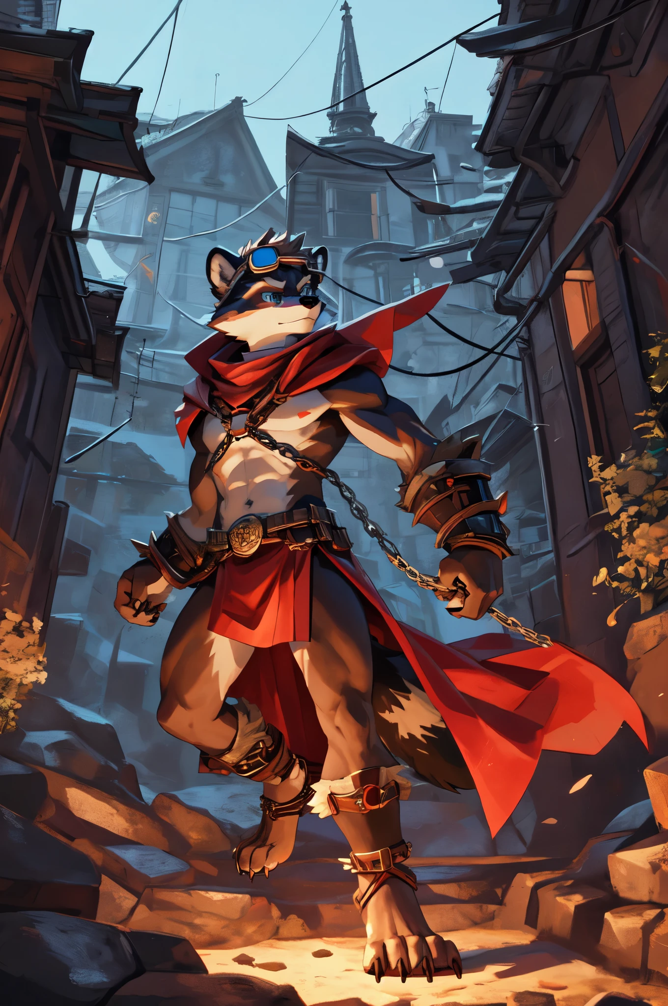 masterpiece, high quality, hi res, solo, age Furry, teenccoon, spiked brown hair only on head, red scarf, blue eyes, goggles, chain harness, Black loincloth, red cape, masterpiece, No muscles, Detailed hands, Flat body, Skinny, claws, high resolution, metal cuffs on wrists, metal cuffs on ankles, no shirt, no underwear, action pose, back lighting