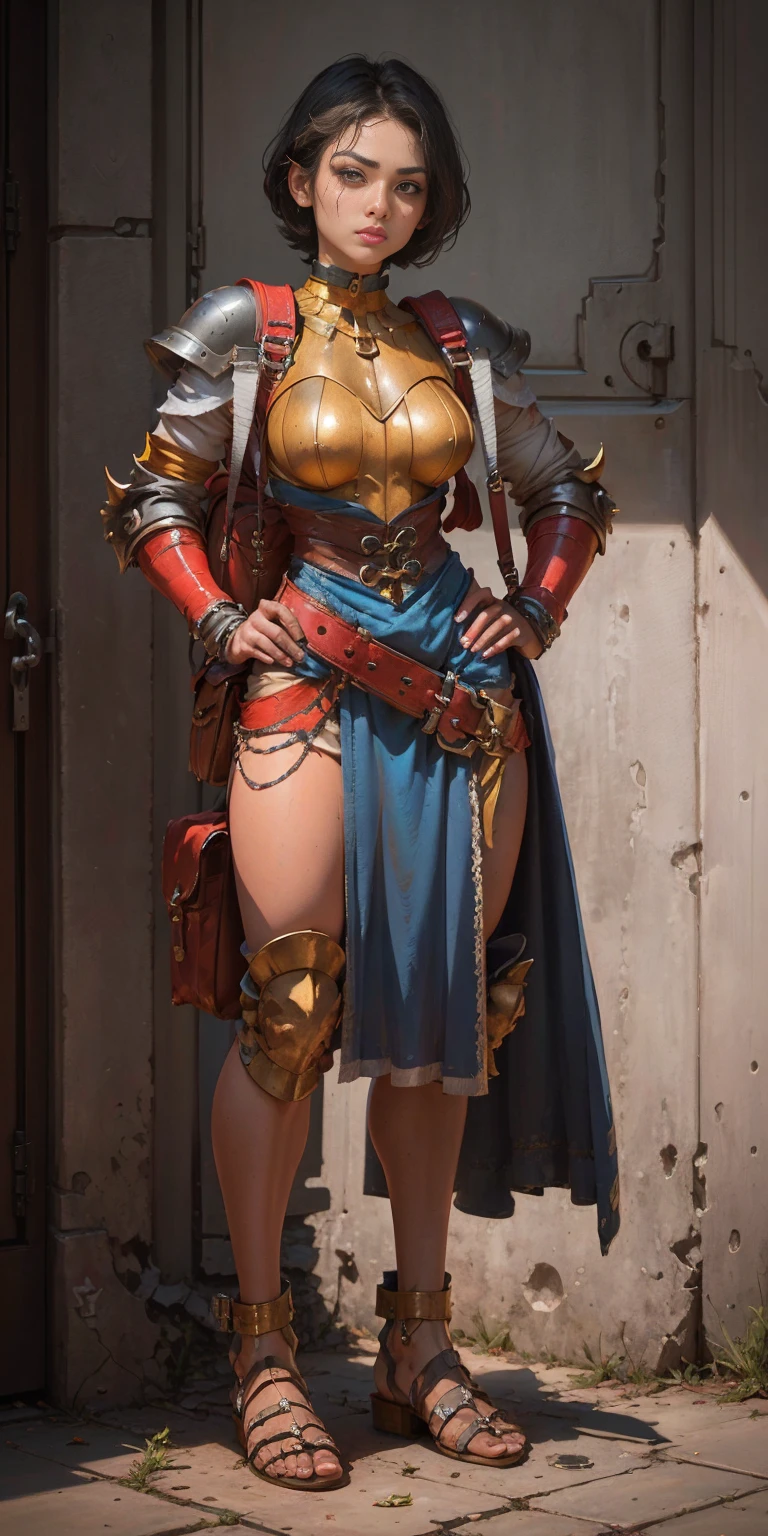 full body, whole body. 1solo (girl). slave fighter, loincloth standing, hands on hips full body, whole body. 1solo (girl). slave fighter, loincloth standing, hands on hips, metal sandals, backpack, choker, big belt, view from below, feet together, bracers, tiara