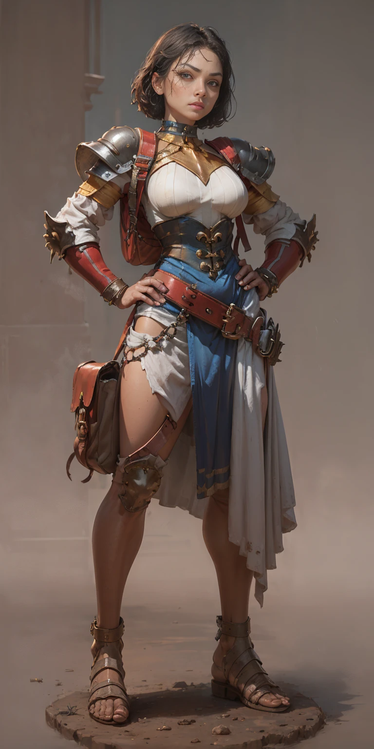 full body, whole body. 1solo (girl). slave fighter, loincloth standing, hands on hips full body, whole body. 1solo (girl). slave fighter, loincloth standing, hands on hips, metal sandals, backpack, choker, big belt, view from below, feet together, bracers, tiara