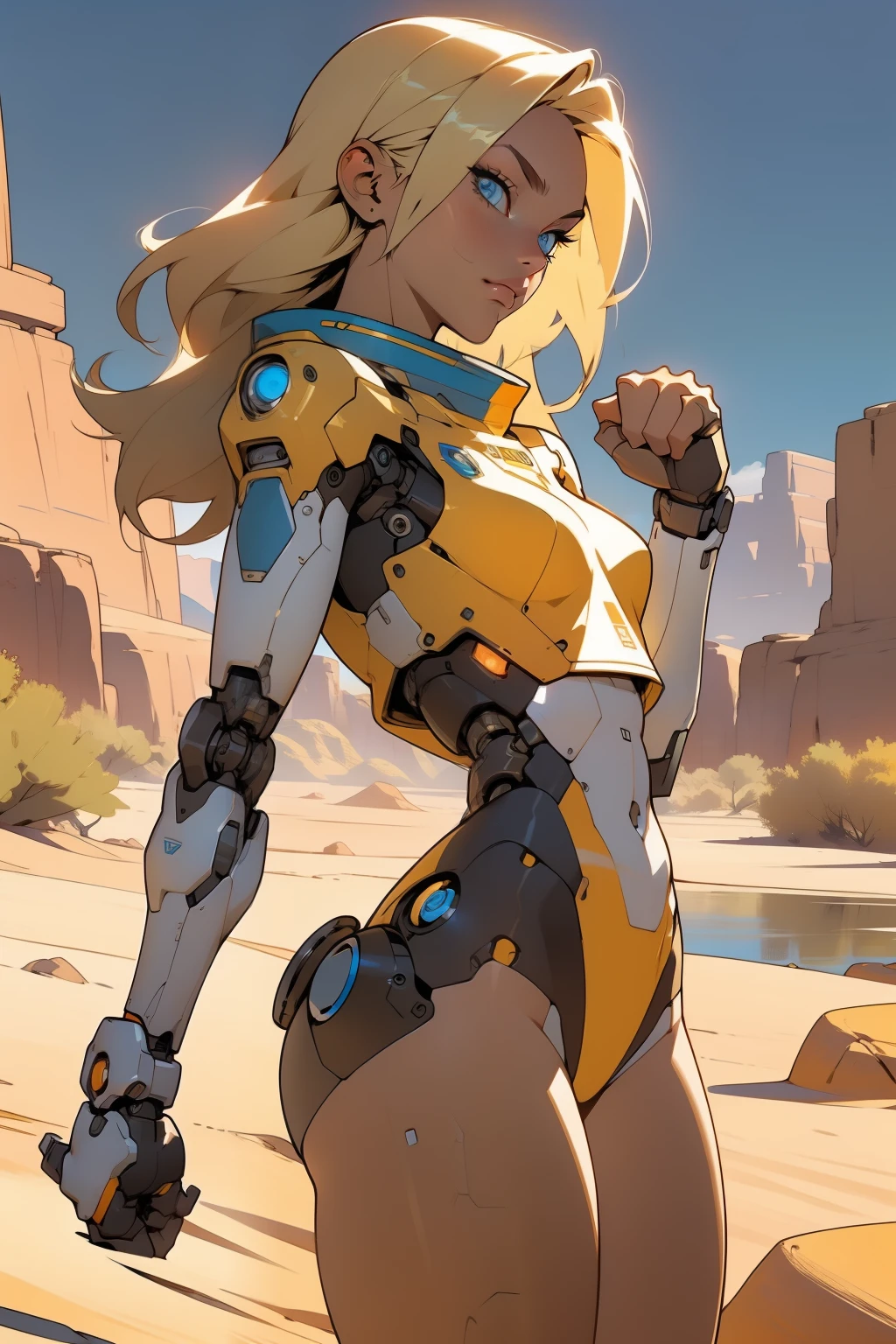 high quality, 4k, masterpiece, beautiful, cyborg girl, cowboy shot, blue eyes, back side, turning around to look at viewer, long blonde hair, girl, small breasts, fit thighs, robotic arms, robotic body, cyborg body, white & yellow uniform, orange accent, intricate detail, joint, detailed lines, robotic detail, holding fist up, holding hand up as fist, color robotic parts, robotic parts with color, perfect fingers, on a desert planet, sunny background, colorful desert, a river or a lake in the background, slender thighs, skinny thighs,