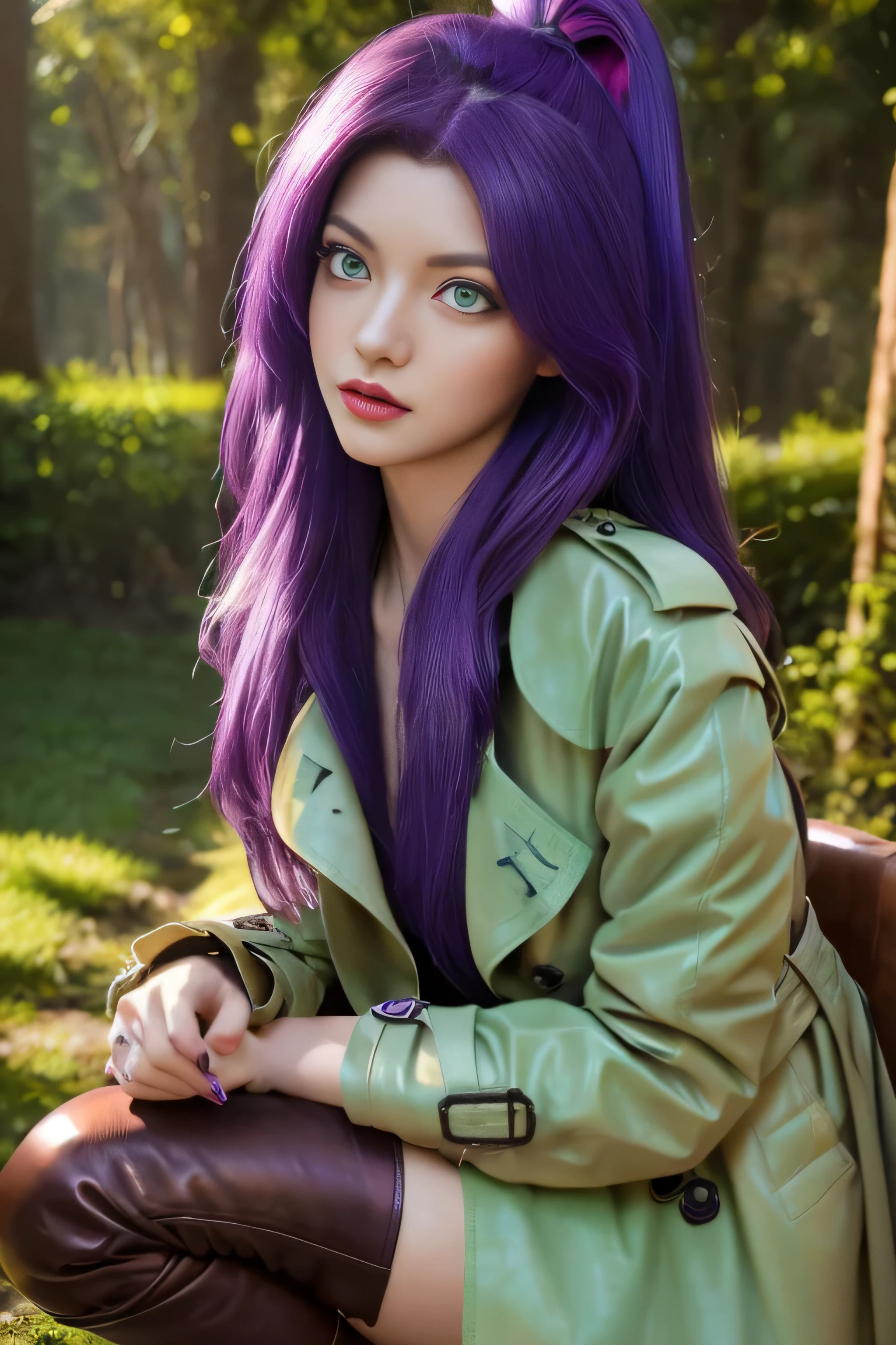 (A Chinese girl:1.2),Oval face,(25 years old:1.5),(Mature),(mature),(Purple Hair, Long hair:1.9), (breast:1.3)，(Perfect lighting:1.5), (PurpleLong hair:1.9)，(Beautifully detailed light green eyes:2.2)，(Delicate light green eyes :1.35),photo,Standing,(Forest background:1.3),(modena trench coat:1.9),(Dark purple tie),(lilac tie)，(White shirt:1.4), (Black high-waisted straight leg jeans :1.5), (Red knee-high leather boots:1.4),(Red over-the-knee leather boots :1.4),(masterpiece)，best quality，8K resolution，close up，(Extreme HD)，((Ultra-high resolution))，((Ultra HD))，((Very detailed pictures))，(Ultra HD Wallpaper)，Realistic photo，High quality shadows，Highlight light and dark，Realistic lighting effects，Movie Lighting，multiple colour，8kmasterpiece，masterpiece，Key Light，acrylic paint，Portrait of a beautiful girl，