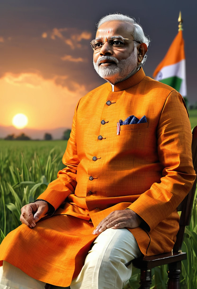 realistic:1.3), finely detailed, quality, rembrandt lighting, (masterpiece:1.2), (photorealistic:1.2), (best quality), (detailed skin:1.3), (intricate details), dramatic, ray tracing, medium breasts, (Meadow, Sun, Clouds, Field, Farming, Starlight,( sitting ),Prime Minister of india Narendra Modiji dressed up a Orange Kurta and pajama, carry a tab and show some information, sitting in the chair and table where Indian flag is sitauted, Ultra quality, show 