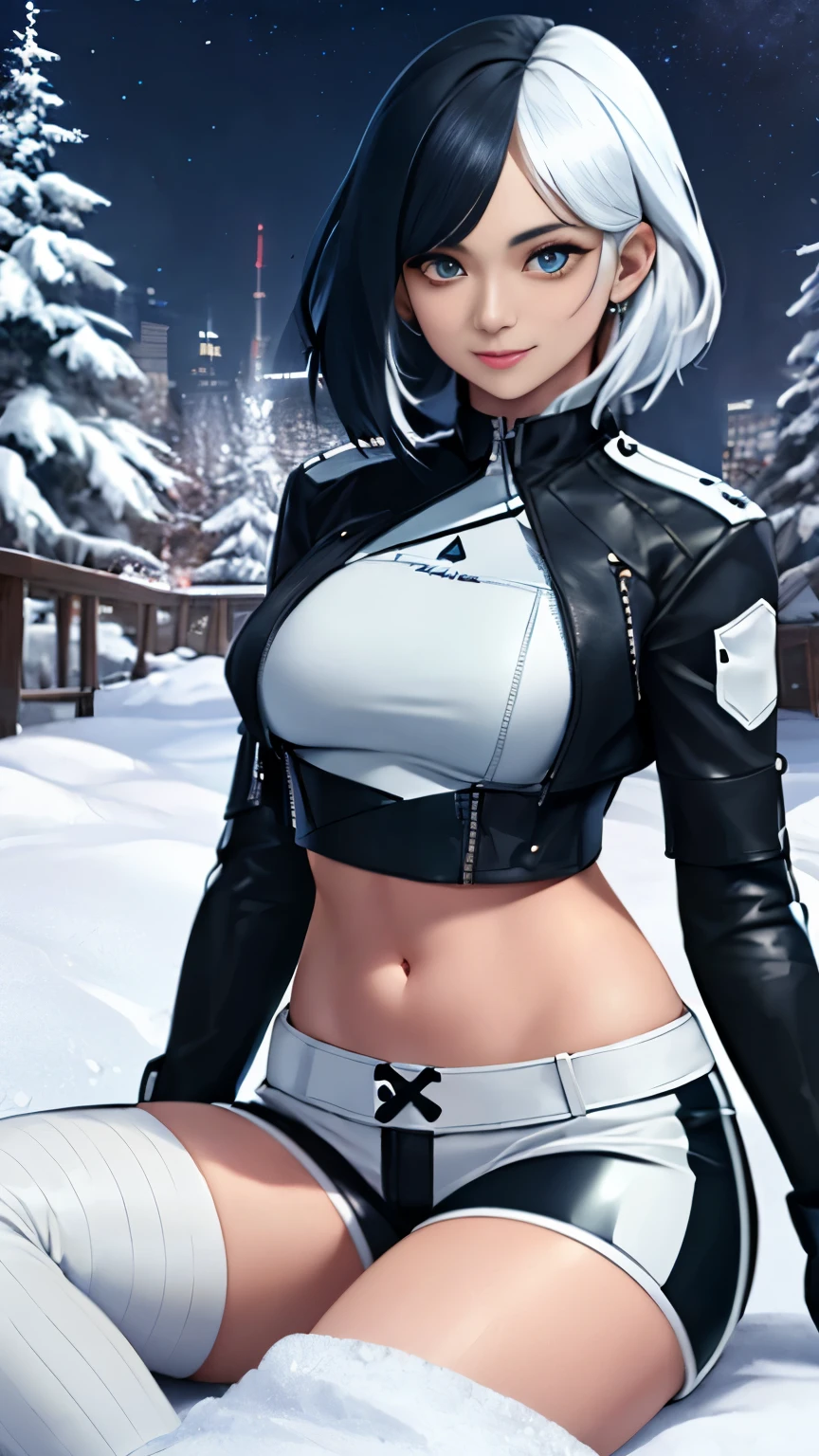 (Highly quality, masterpiece, detailed), night snowing city detailed scenario, night snowing city detailed background, 20 years old girl, solo, luna_snow, happy faces, black hair, white hair, multi-colored hair, short hair, blue eyes, white eyes, multicolored eyes, black Leather crop top jacket, white leather shorts, white midriff, blue midriff, multicolored midriff, black gloves, white gloves, multi colored gloves, sitting on pile of snow ,navel, perfect face, beautiful eyes, looking at the viewer, Sexy pose