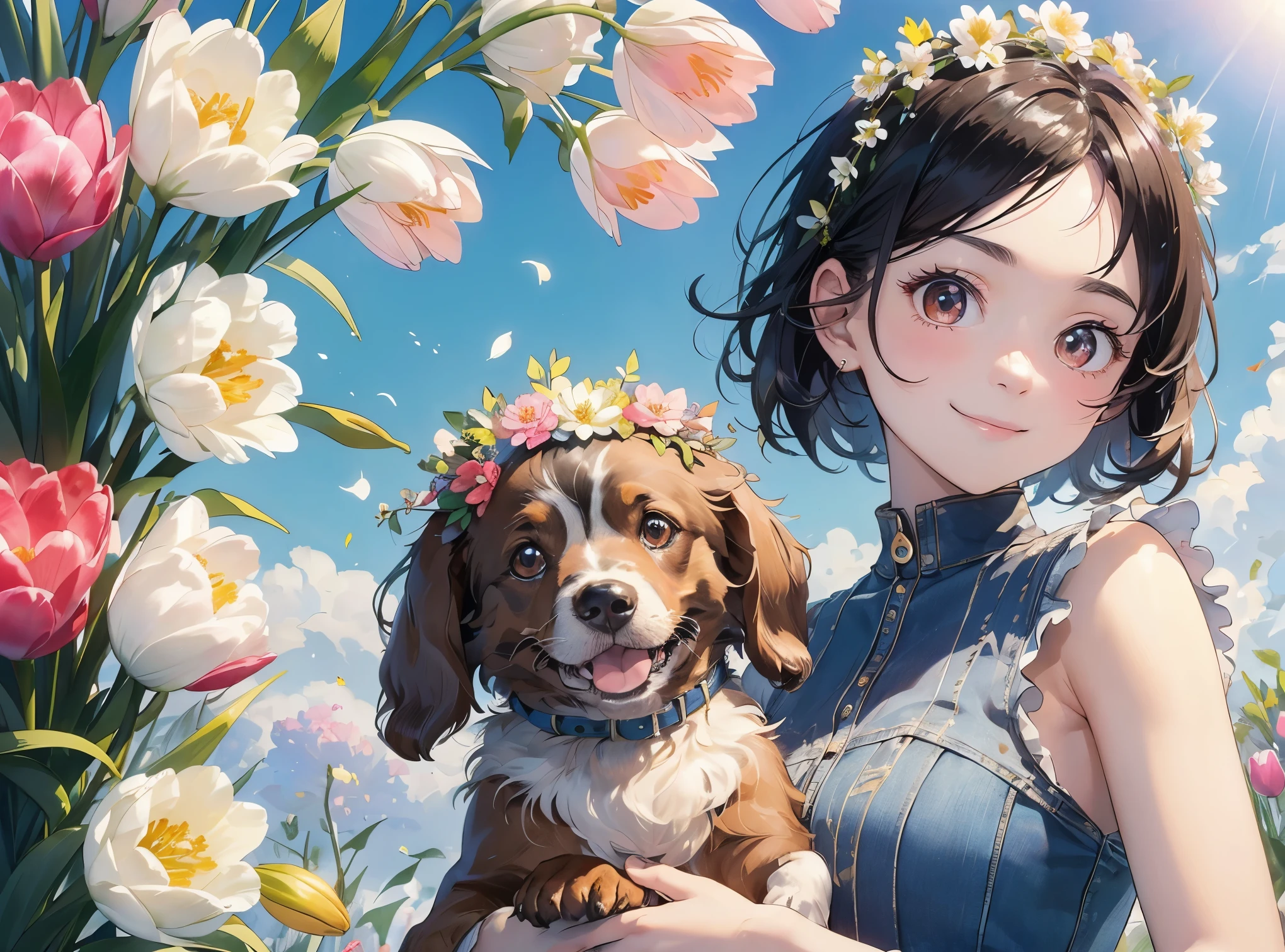 (masterpiece、highest quality、highest quality、Beautiful and beautiful:1.2)、(Good anatomy:1.5)、（Pigment Thin:1.5）、１A girl with straight medium hair、Denim Casual Costume、Shy smile、Close your mouth、Holding a brown puppy、Dutch Decoy Spaniel、looking at the camera、Flowers and leaves、Tulips、sky blue、spring breeze