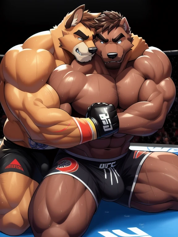 Duo male fighters(Brown Dog vs Brown Dog, handsomes, perfect eyes, Thick eyebrows), beso gay(They are kneeling around his neck from behind, Trying to escape from a chokehold, in a UFC match), hot(Full body, shirtless), handsomes(They are handsomes, correct anatomy), musculosos(Big muscle bodies, Six packs, muscle abs, big pecs, muscle legs, muscle backs), sweaty(very sweaty wet bodies), tatuajes(they have tattoos), Angry(They have an angry expression), UFC gloves(They both are wearing UFC gloves), Boxers(They are wearing Black boxers, big bulges), Hight resolution, lying down, Black background 