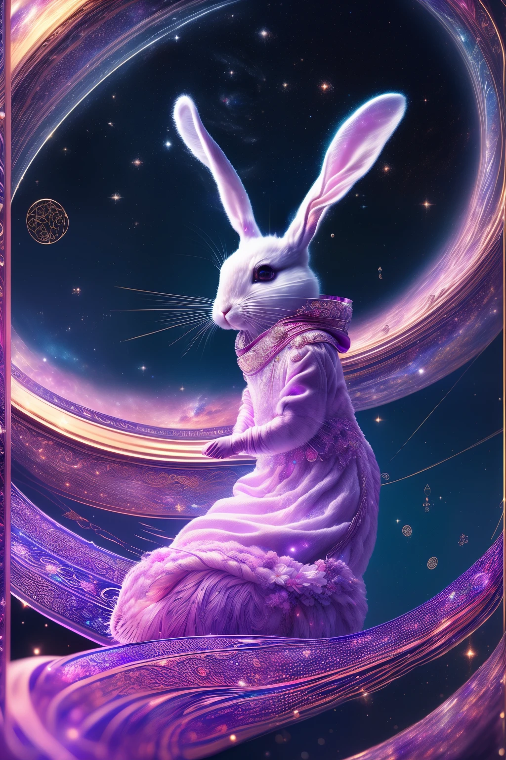 (highest quality,4K,8k,High resolution,masterpiece:1.2),Very detailed,(Realistic,Realistic,Photorealistic:1.37),Milky Way, spiral, space, Star Cloud, performer, cigarette, Sparkling, Intricate details, (White rabbit shape), Vibrant colors，Rendering with Octane、Octane Plot、Fantasy art