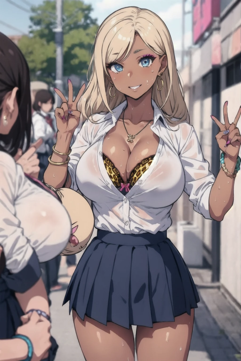 masterpiece, best quality, 1girl, solo, breasts, cleavage, blonde hair, long hair, parted bangs, blue eyes, looking at viewer, sweat, large breasts, (dark skin:1.3), white collared shirt, pleated skirt, flashy gyaru, happy, showy,too many accessories, colorful , kogal, kogal gyaru, necklace, earrings, bracelet, bra peak, leopard print, makeup, school, (double v)