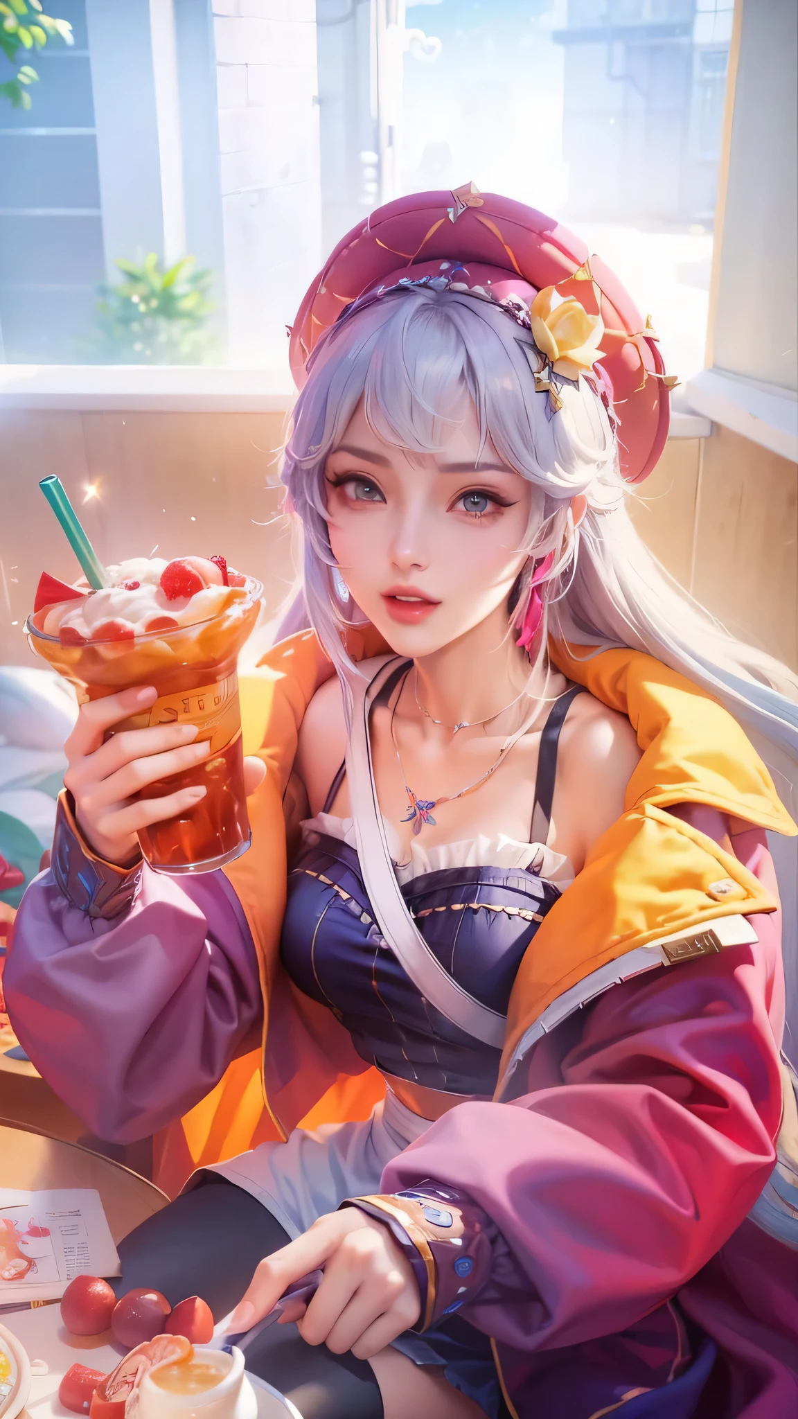 a girl holding a soda and sitting relaxed in a cafe, shadowbringers cinematic, 4 k detail fantasy, a beautiful fantasy empress, game cg, xianxia fantasy, xianxia hero, 2. 5 d cgi anime fantasy artwork, cinematic goddess close shot, ruan jia and artgerm, wow 4 k detail fantasy, hyperdetailed fantasy character