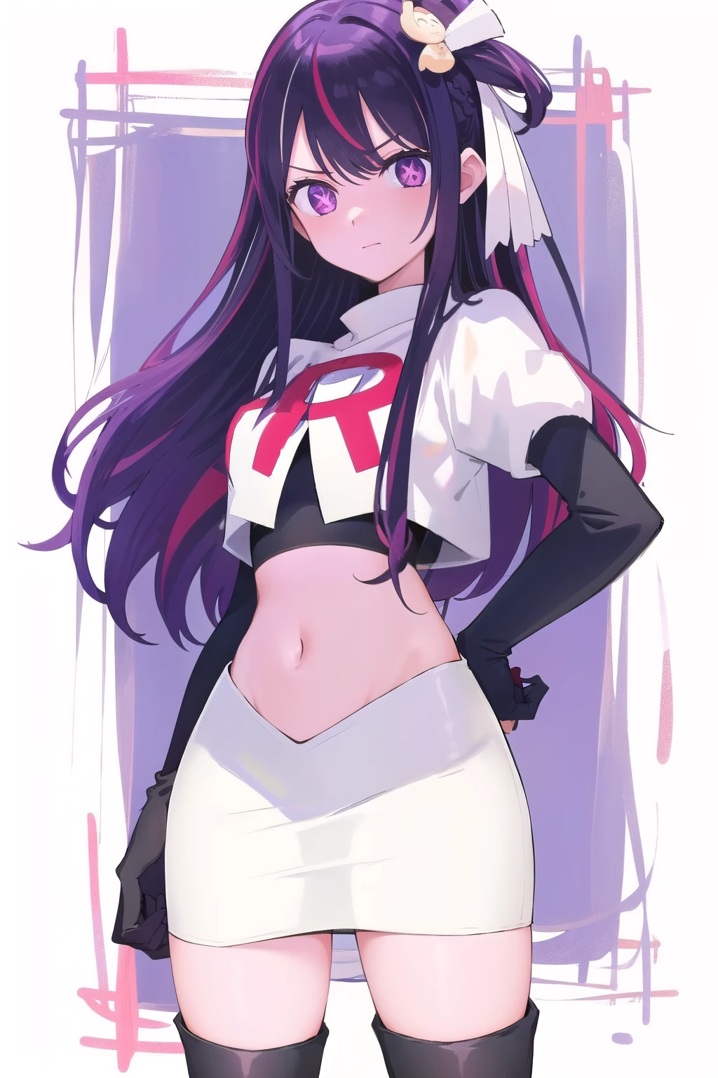 1girl, Hoshino Ai, long hair, purple hair, streaked hair ,purple eyes, star-shaped pupils, hair ornament, team rocket,team rocket uniform,white skirt,red letter R,crop top,black thigh-highs,black elbow gloves