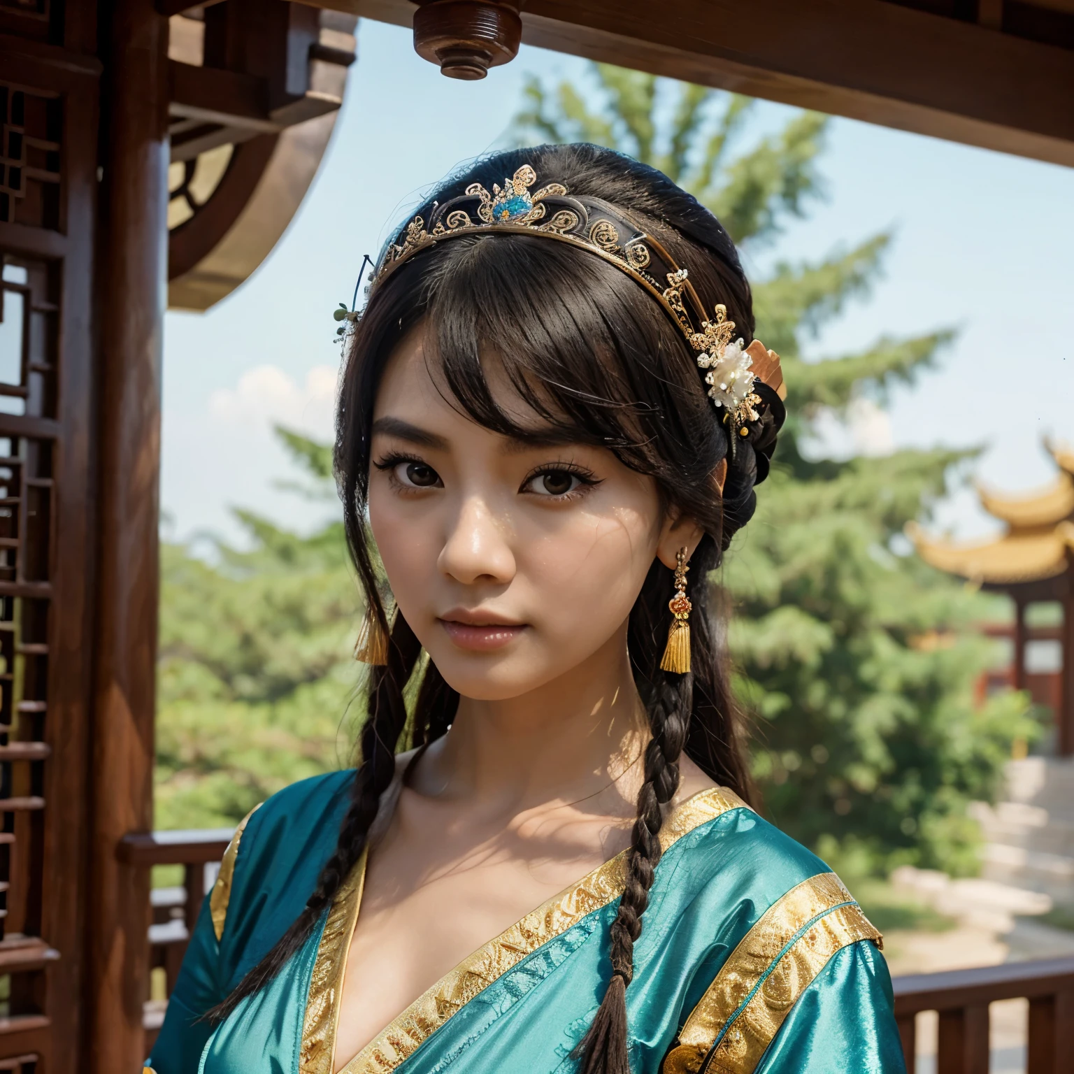 Close-up of a woman wearing a headdress and dress., Chinese princess, Beautiful Fantasy Empress, traditional beauty, ancient Chinese princess, ((Beautiful Fantasy Empress)), Chinese style, ancient chinese beauty, traditional chinese, palace , girl in hanfu, Beautiful Tang Dynasty show, แรงบันดาลใจจาก Du Qiong, Xi'anxia, Ruean Jia is very beautiful.!