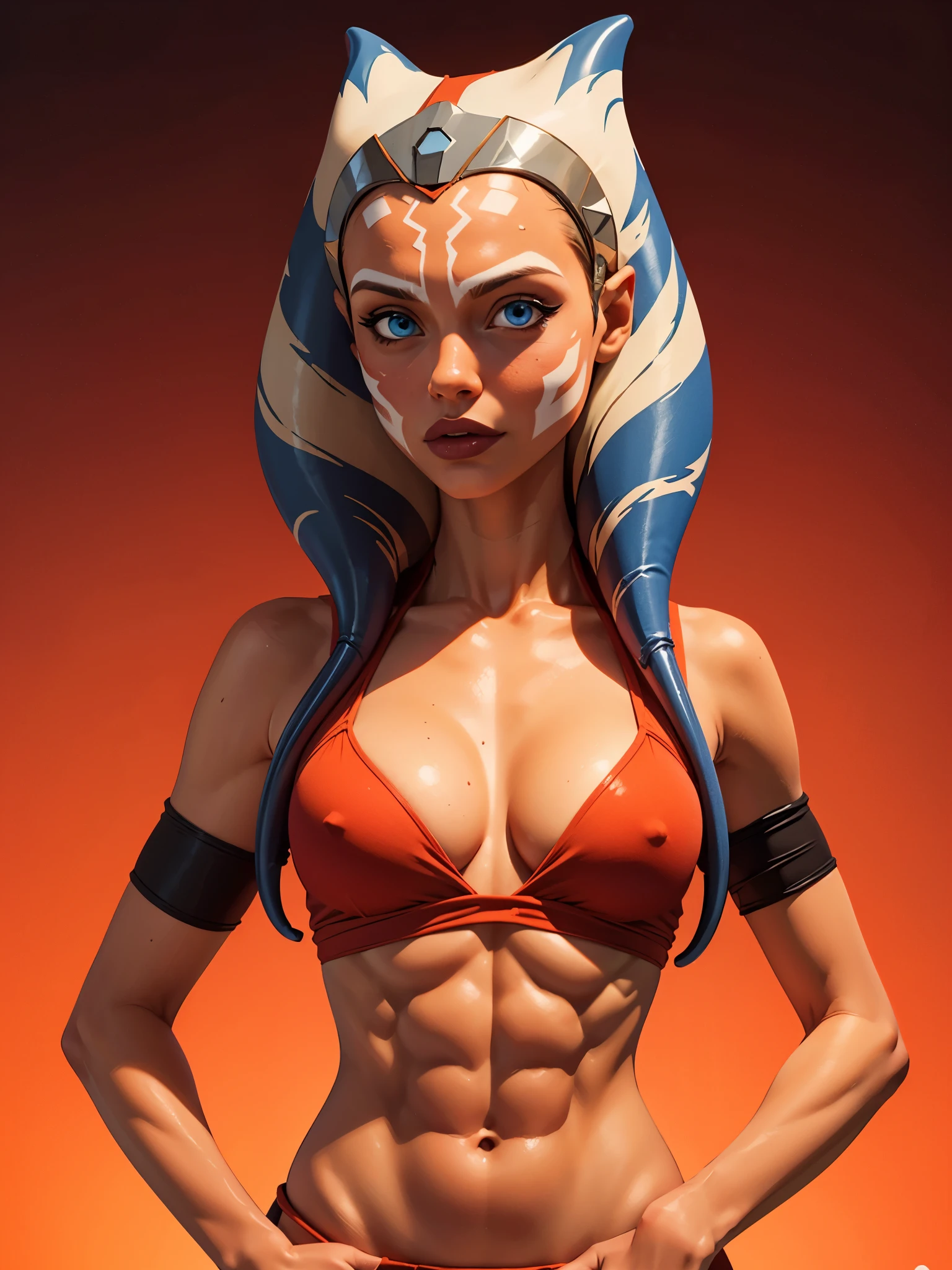 one girl, ahsoka tano, bust, (abs, slender body:1.2), solo, upper body, blue eyes, orange skin, (small breasts, tiny breasts, male chest, cleavage:1.3), bare shoulders, masterpiece, highly detailed, look at viewer, shiny blured orange background, gradient sprayed background, front view, gradient red purple background, blured background, glowing edges of image