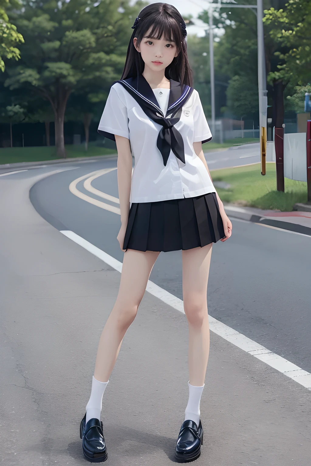 (In 8K、RAW Photos、highest quality、masterpiece:1.2), (Realistic、Photorealistic:1.37), Ultra-detailed, High resolution, One Girl, Close-up, barefoot, Iris, Japanese, (Beautiful feet:1.3), (Slender girl:1.4), Beautiful girl, (Thin legs:1.3), Sailor suit, , high school girl, JK,mini skirt, Dark blue pleated skirt, short socks,( White socks:1.2), (Short sleeve:1.1), (Black Loafers Shoes:1.3), whole body, (Are standing:1.2)