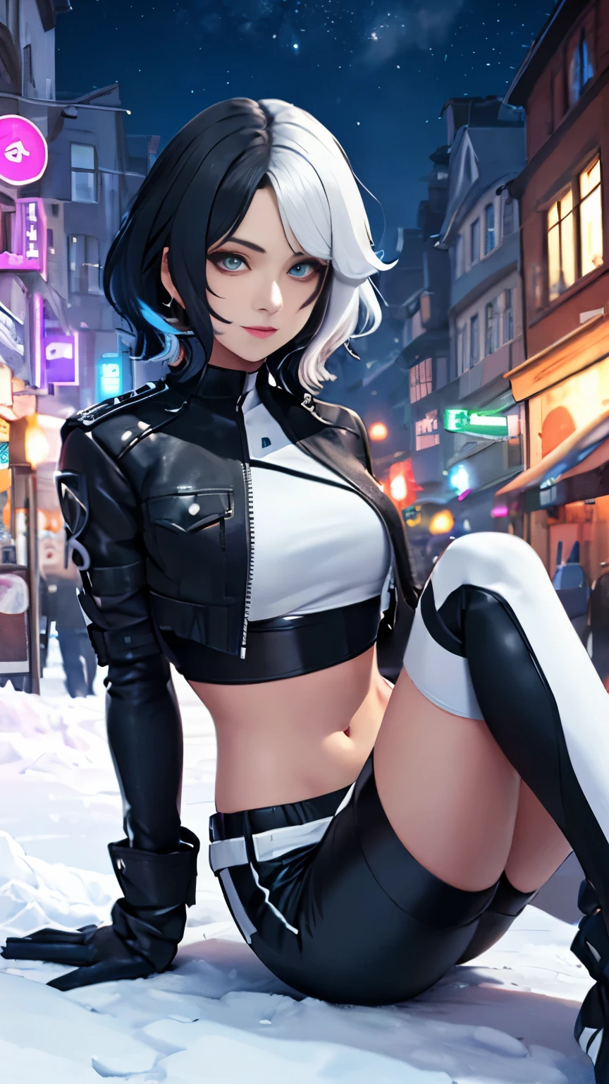 (Highly quality, masterpiece, detailed), night snowing city detailed scenario, night snowing city detailed background, 20 years old girl, solo, luna_snow, happy faces, black hair, white hair, multi-colored hair, short hair, blue eyes, white eyes, multicolored eyes, black Leather crop top jacket, white leather shorts, white midriff, blue midriff, multicolored midriff, black gloves, white gloves, multi colored gloves, sitting on pile of snow ,navel, perfect face, beautiful eyes, looking at the viewer, Sexy pose