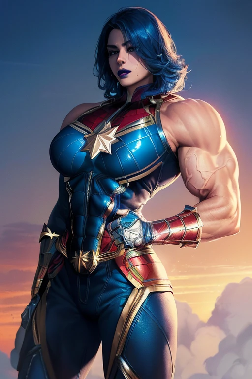 ((((Massive, beautiful, buff, pale white skinned muscular woman with royal blue hair, black lipstick, ginormous bulky muscles, wearing a royal blue captain marvel suit with pants)))), vascular body, massive muscle, ((massive biceps)), hyper muscle triceps, (long curly wavy hair), white eyes, hero boots, hero gloves and spiked gauntlets, in the void of space, evening, smirk, hyper muscles arms, hyper muscle legs, massively buff arms.