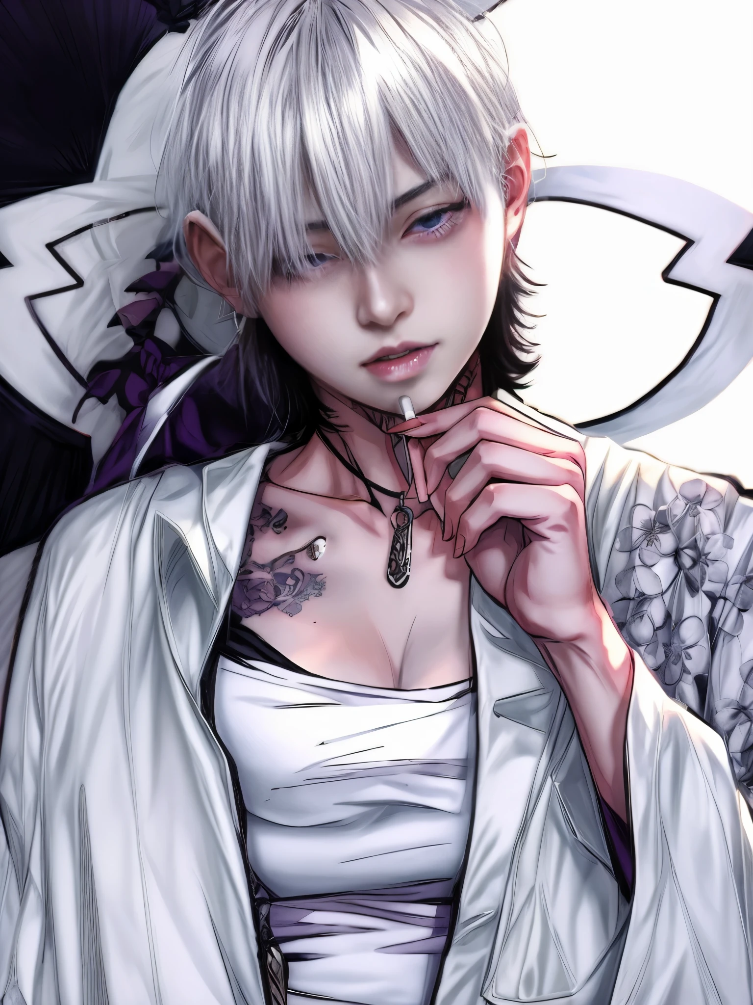 anime girl with white hair and tattoos holding a cigarette, Takeda Kaneshiro, Wind Breaker, purple eyes, a silver haired mad, best anime 4k konachan wallpaper, inspired by Kusumi Morikage, shigenori soejima illustration, handsome japanese demon boy, anime character; full body art, kaneki ken, tokyo ghoul, gintama, ken kaneki, trigger anime artstyle, white haired deity