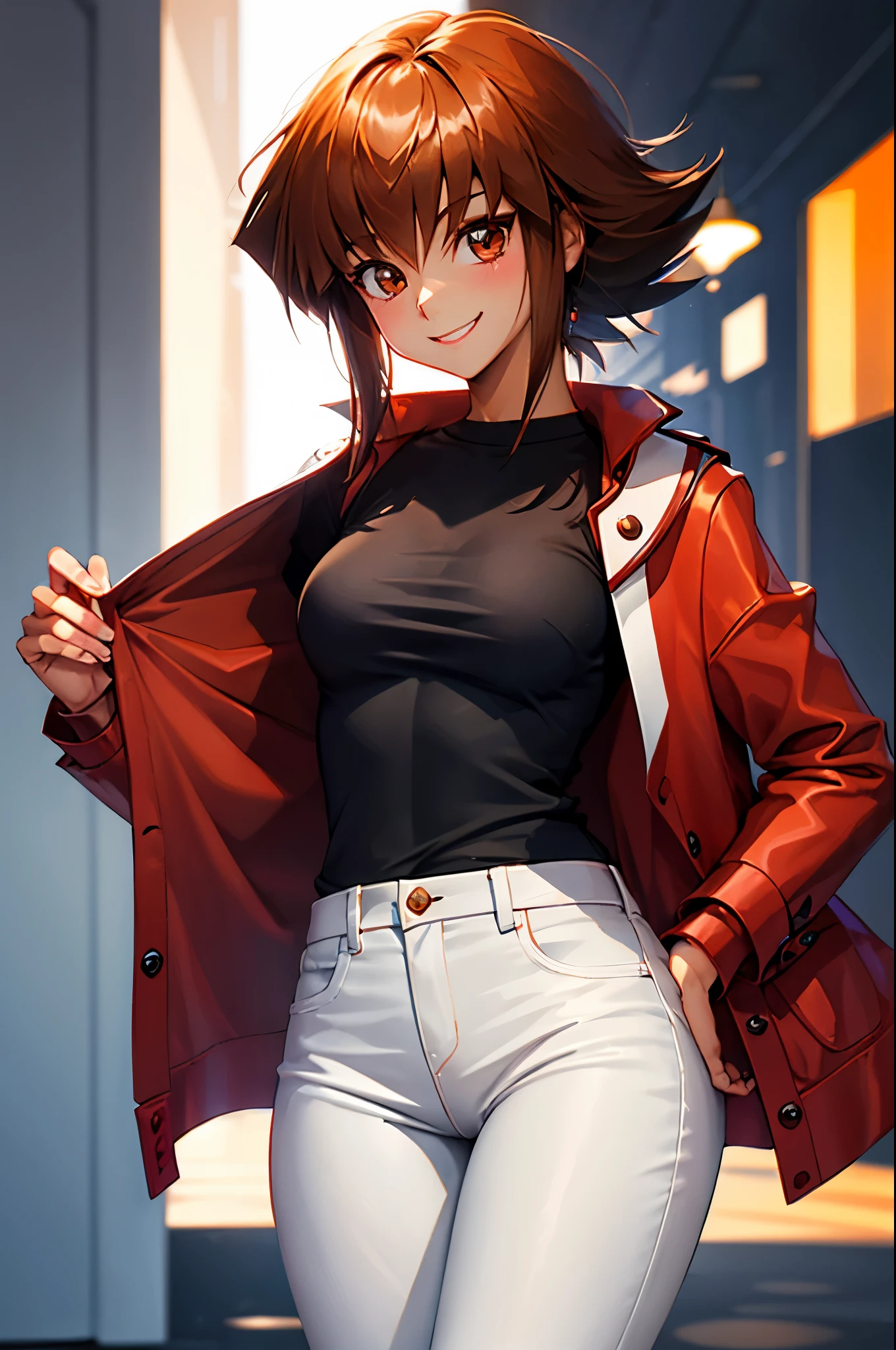 Yuuki Judai, 1girl,(female:1.5), Brown hair, Solo, Red jacket, Bangs, Black shirt, Open jacket, hair between eye, Long hair, Smile, White pants, red footwear,Duel Academy Uniforms (Yu-Gi-Oh! nffsw),
(Close Shot, Best Quality, hight resolution, 4K, Detailed Lighting, Shaders), 
Smile,
Looking at Viewer, Cowboy Shot,
