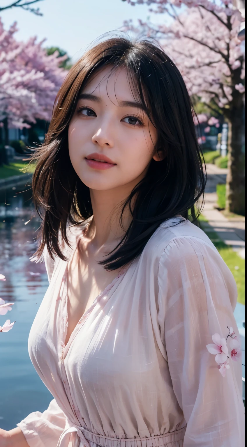 (logo、masterpiece、8k、Tabletop、RAW Photos、wonderful、最high quality、Photorealistic and Very detailed CG integrated 8k wallpaper、high quality、Very detailed、Narrative poem、Particle Effects、Dynamic Effects、Written boundary depth、Cinematic Light、Lens flare、Ray Tracing)、Fantasy、 (One beautiful woman、dress、dress、Cherry blossom pattern、Black-haired、Beautiful Face、True Face、Beautiful details、eye、Beautiful Skin)、私の髪はWindに舞う、Hair flutters in Wind、Hair bounces、Pink cherry blossom tree、Petals fluttering、SakuraFubuki、wonderful scenery、sunrise、Sun in the background、Wind