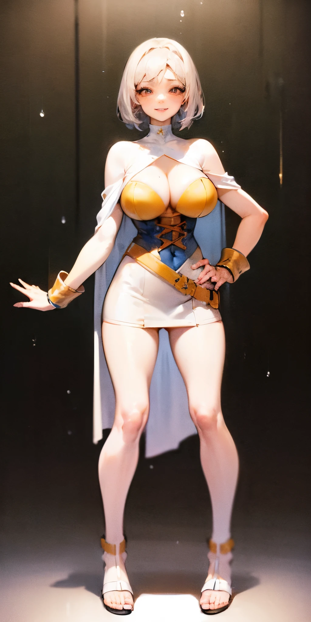 ((BLACK BACKGROUND,1:2, masterpiece)), full body MILF BIMBO standing with two long thighs and two metal sandals, red eyes, silver white hair, short bob style hair, big breasts, cleavage, separate sleeves, tiara royal, long cape up to two feet, yellow bikini, hands on waist, navel, lustful smirking smiling, smile face (red blushed, red cheeks), metal shoulders, gold sleeveless armbands, black leather choker slave collar, shackle bracelets, sex slave red crest, pauldrons, breastplate, corset, eye focus, full body, whole body. 1solo . slave fighter, loincloth standing, hands on hips, metal sandals, backpack, choker, big belt, view from below, feet together, bracers, tiara, 1solo female with 2 hands on glass, glass window fog water drop, metal handcuffs, black choker collar, thigh highs, long legs, metal ankle, metal sandals, metal shoulders, standing straight symmetrical against glass