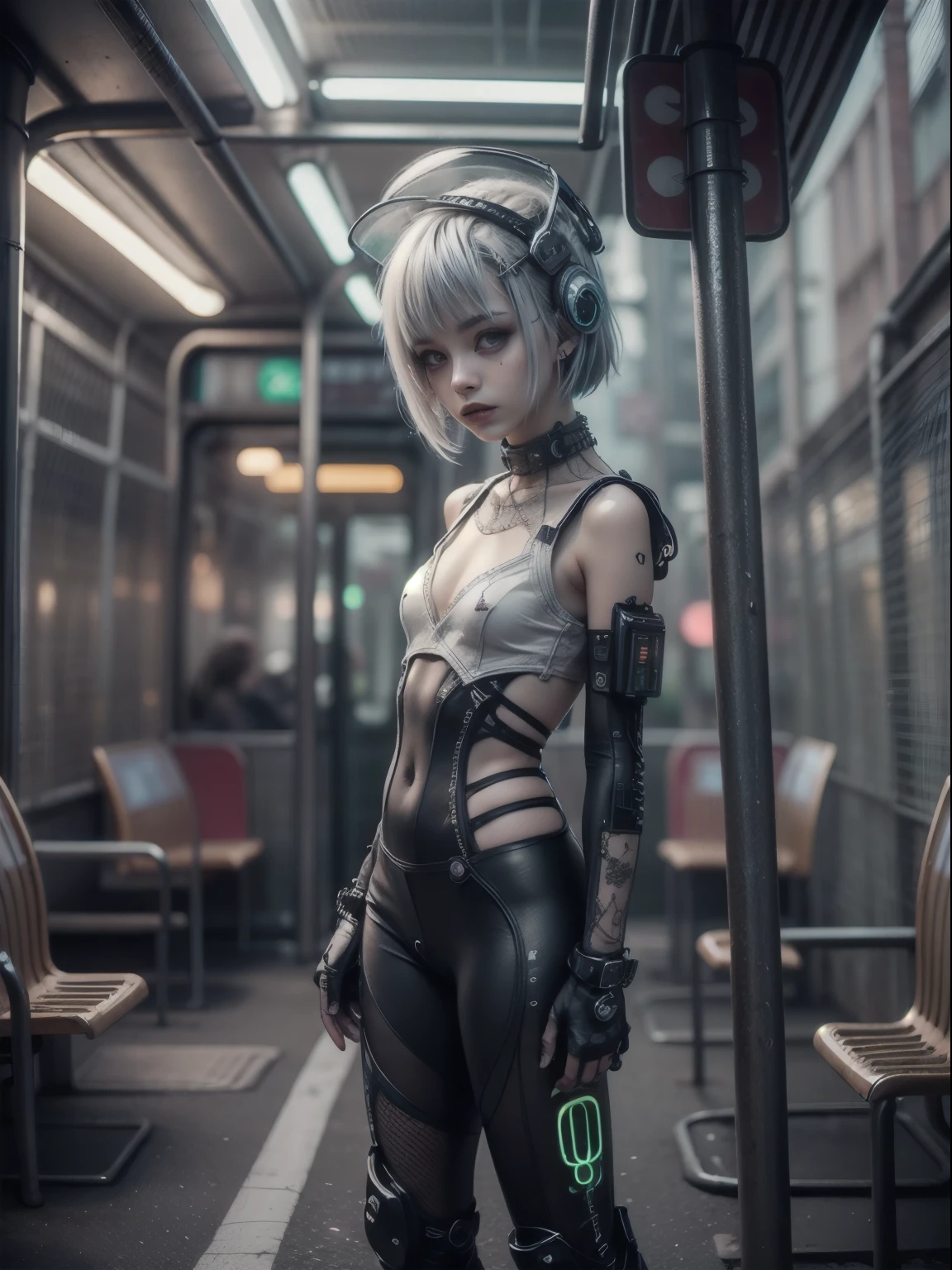 (Whole body in view)1girl, innocent, alone, ((waiting a bus:1.5)), (view_from_front:1.5), (instagram yanakryukova), (seductive_facial_expression:1.4), sweety, cute, kawaii, perfect face, galactic_young_princess, ((little breasts, flat_chested, small chest:1.6)), ((little nipples, natural nipples)), top model figure, (skinny), (perfect little ass, round ass, long legs, slim legs), pale skin, soft skin, caucasian ager, slender girl, natural make-up on eyes only, perfecteyes, black_eyes, (innocent_looking:1.4), oval jaw, freckles, natural_beauty, (white hair, bright pink hair, thick braided hair, long bangs, drill hair), ((she is wearing a transparent lace bodysuit,  print cotton leggings, white transparent lace hoodie, lace collarbone, cleavage cutout, cameltoe, and techwear high boots)), ((wearing an intricate detailed techwear white outfit)), ((cute neon head accesories:1.6)), punk_hair_ornaments, pastel_goth, punk, fantasy_princess, necklace, earring, cute 18 years old girl, skinny young girl, white theme, (bokeh, depth of field, blurry background, light particles, fog), ((detailed sci-fi cyberpunk bus stop background:1.6)), ((real life, realistic, profesional photography, photo_realistic, hyper_realism, ultra-detailed)), photography by Tim Walker, Tim Walker masterpiece, best_quality, 8K, soft tones, pastel tones, low saturation, (contrast:0.3), muted colors, cold light, neon, Ex_Machina_movie, studio light