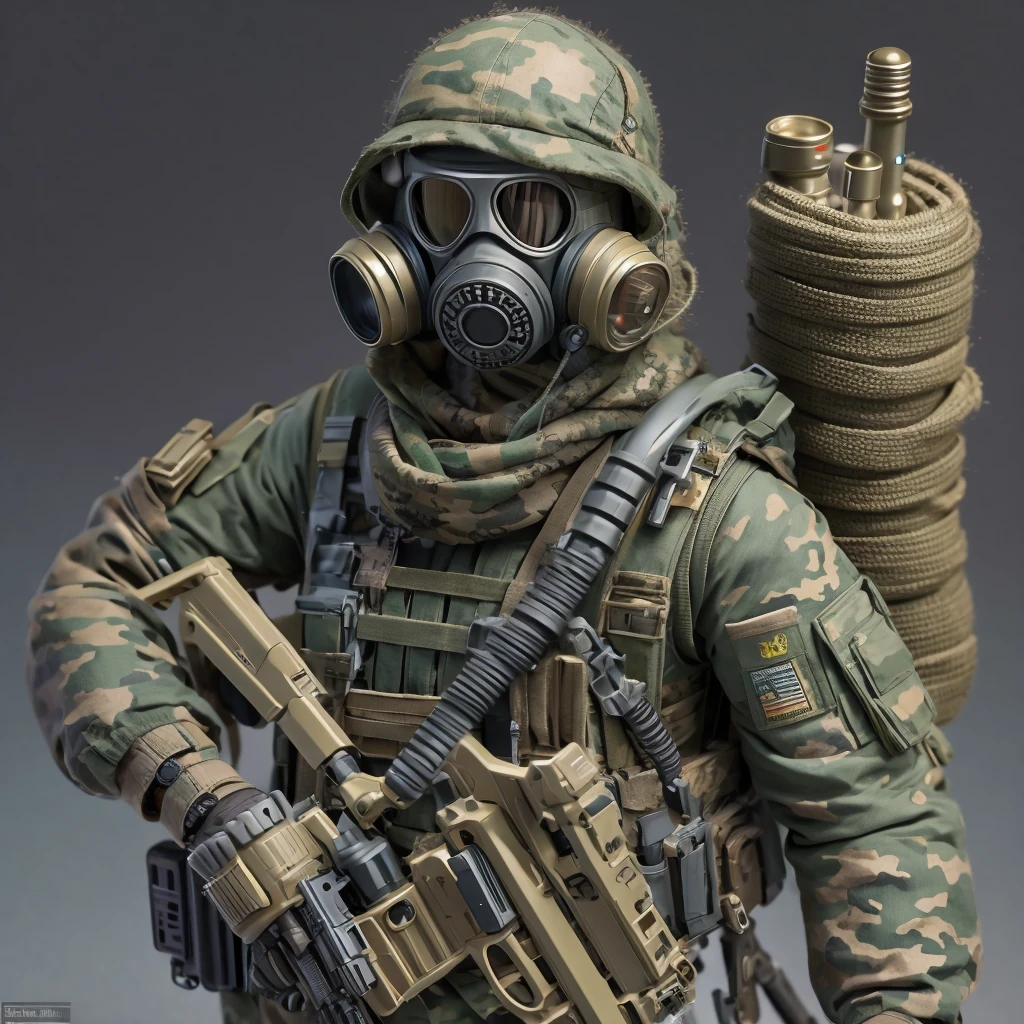 Alafud Soldier with gas mask and gun, Sanya Toys, Guerrilla, vinyl toy figurine, Highly detailed toys, Future combat equipment, Stop motion vinyl characters, Soldier, Marmoset Rendering, camouflage equipment, Octane Rendering”, Octane Rendering ”, Ninja, Vinyl Action Figures, Personagem pequeno. Unreal Engine 5, PVC figurines, Octane Rendering ] ”